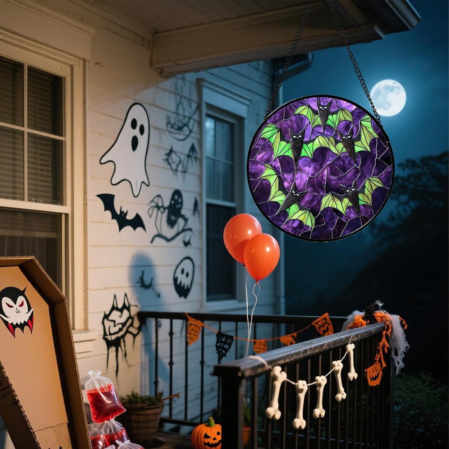 Stained Glass Window Hanging - Halloween Decorations Black Bat with Green Wings Suncatcher for Doors Garden Indoor Spooky Sun Catchers Gothic Decor Horror Gifts for Women Men Friend 7.8 in