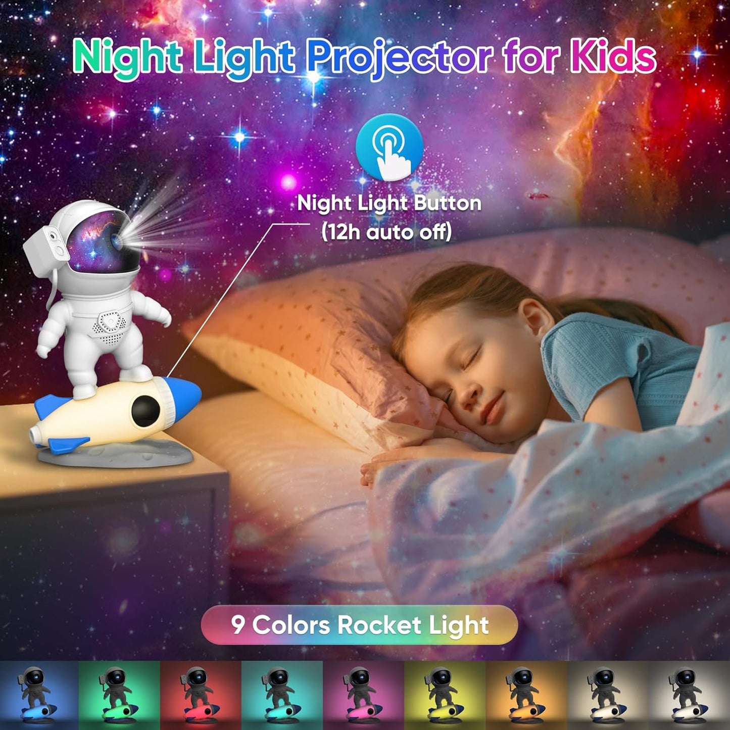 Astronaut Galaxy Projector for Bedroom with Rocket Night Light 13 Film Discs, HD Image Star Projector Galaxy Light Adjustable Knob, Planetarium Projector for Kids, 1/2h Timer Simple 4-Button Control