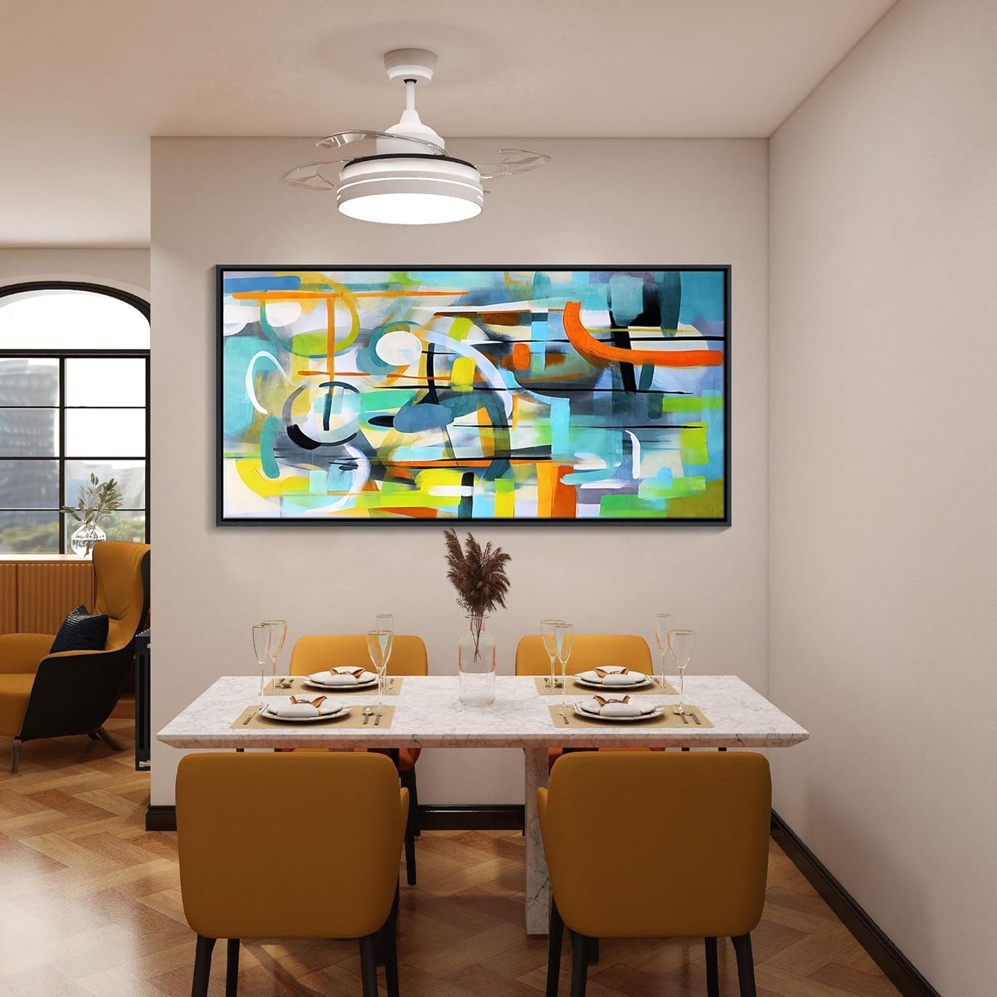 Mofutinpo Abstract Wall Art Framed Pictures for Living Room Wall art - Large Modern Abstract Canvas Wall Decoration-Colorful Wall Art-Teal And Blue Line Art - Graffiti Paintings for Bedroom 29×58IN