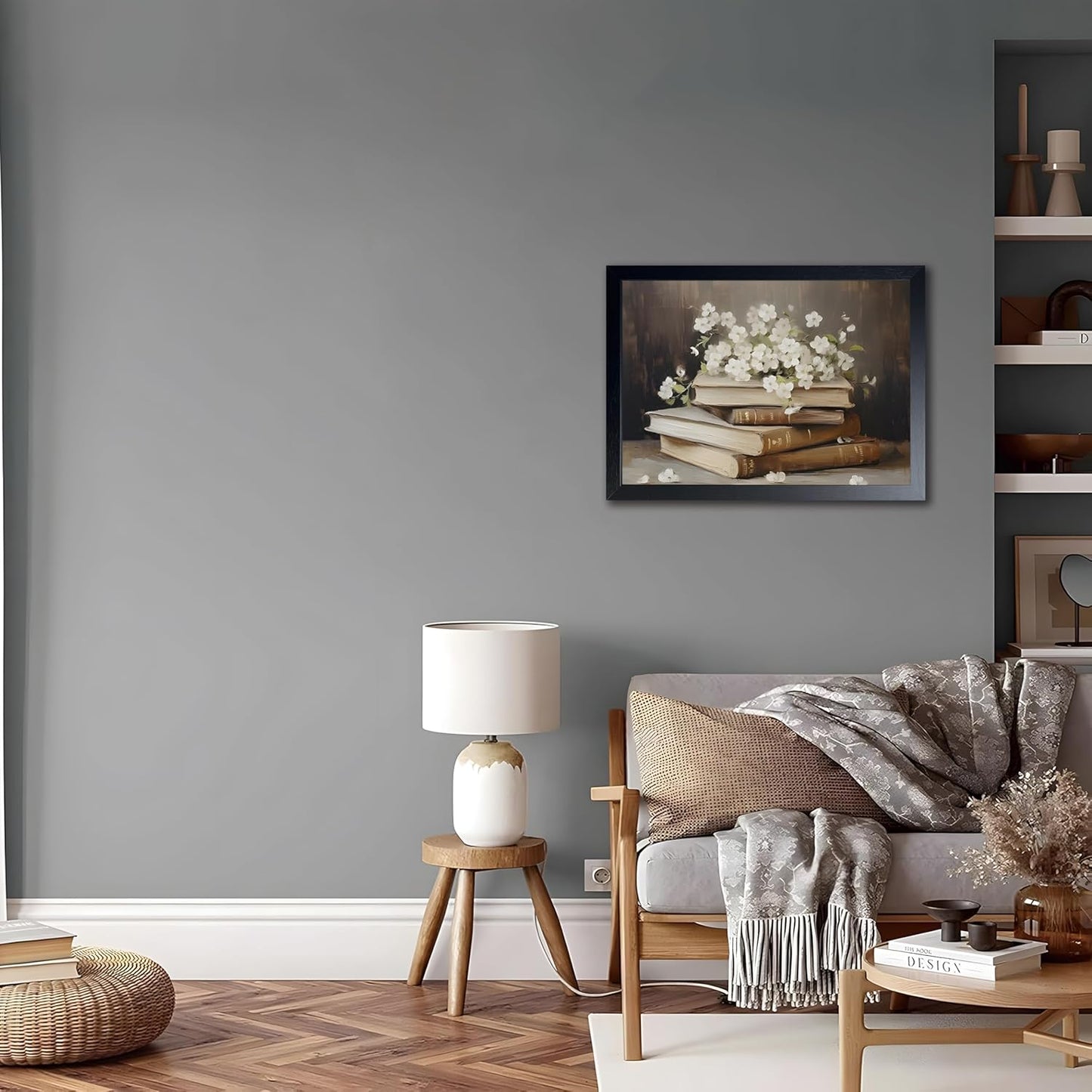 Wood Framed Canvas Poster Print Wall Art, Vintage Floral Book Wall Decor Oil Painting, Dark Academia Room Aesthetics Picture for Bathroom Classroom Dormitory room Decor 12x16 inch