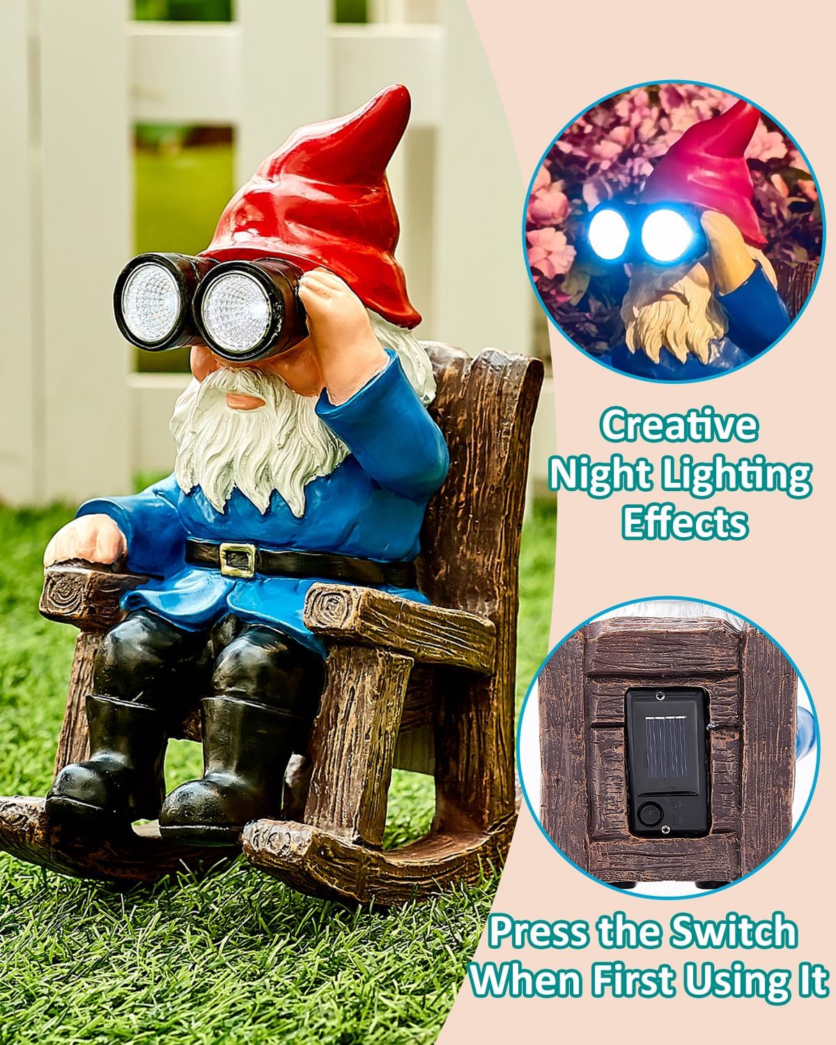 Solar Garden Gnome Statues Resin Gnome Figurines Sitting on Rocking Chair Outdoor Telescope Gnome Gifts for Yard, Patio Decor Gift