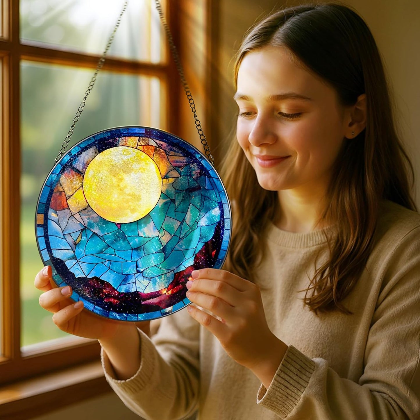 Stained Glass Window Hanging - 8 Inch Full Moon Suncatcher for Window Doors Home Decoration, Valentine's Day Mother's Day Christmas Birthday Gifts for Women, Men, and Mom Grandma