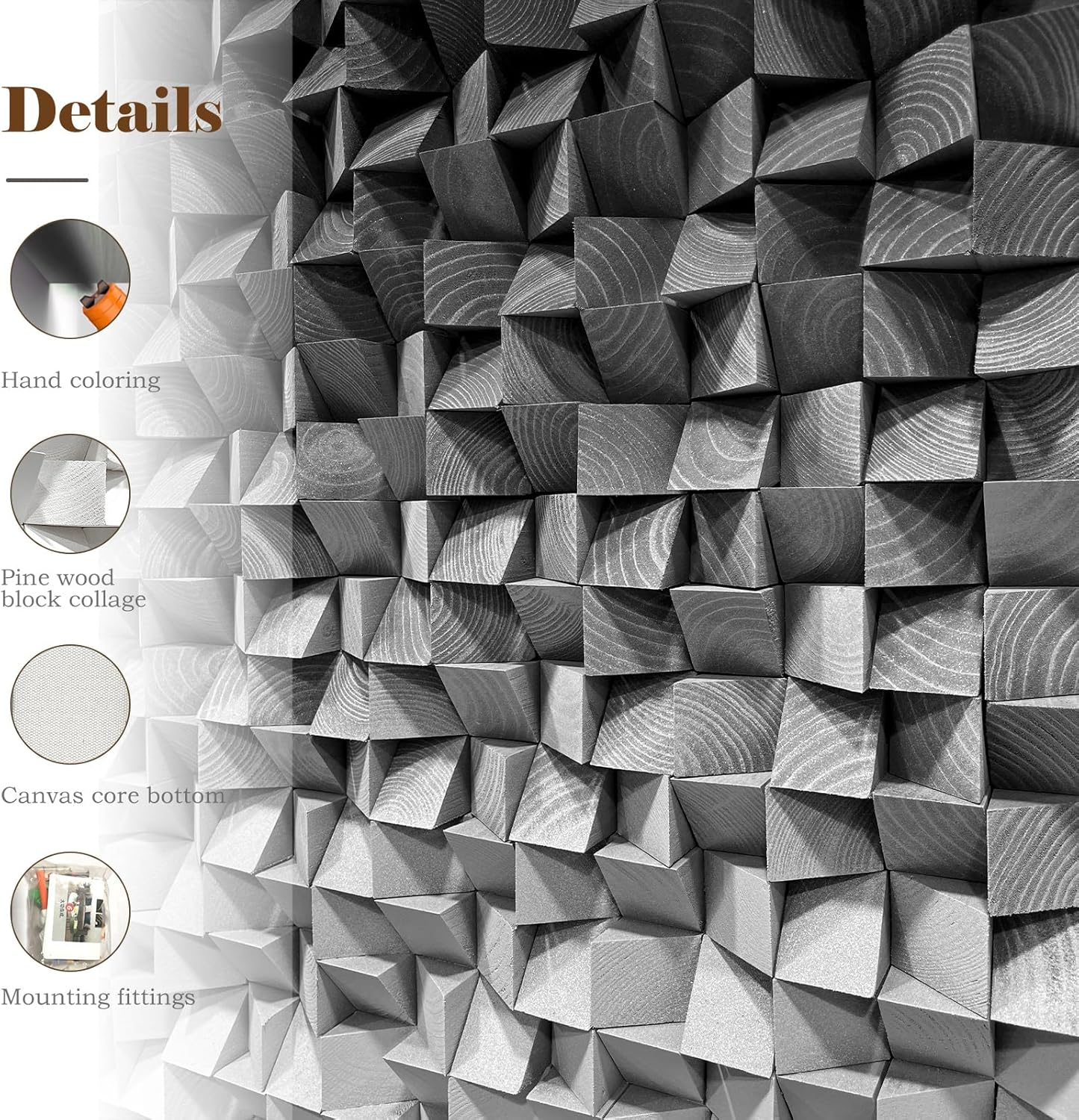 LIUZEYUE - Wooden Block Stereoscopic Painting Geometric Modeling Wall Decoration 3D Wooden Artwork Living Room Bedroom Background Wall Office Decoration Black and White Gradient 39.4 x 78.7 inches