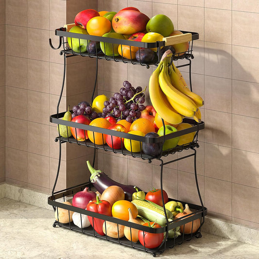 3 Tier Fruit Basket for Kitchen Counter with 2 Mobile Banana Hangers, 2025 Pro Detachable Metal Fruit Bowl with Wooden Handle, Fruit Holder for Bread Snack Veggies with Protective Mats