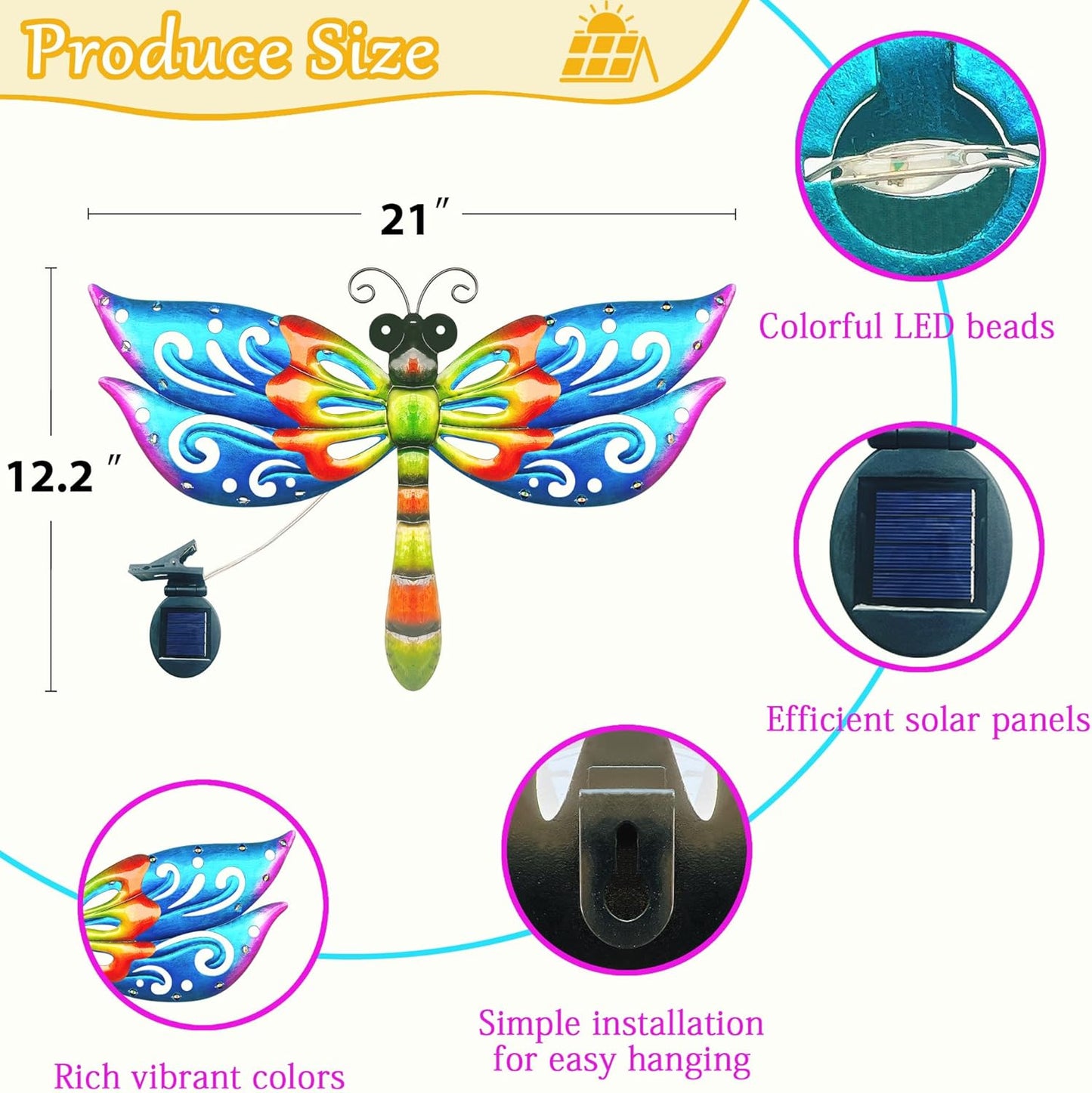 Solar Dragonfly Wall Art, 12-Inch Metal Garden Decor, Color Changing LED Lights, Multicolor