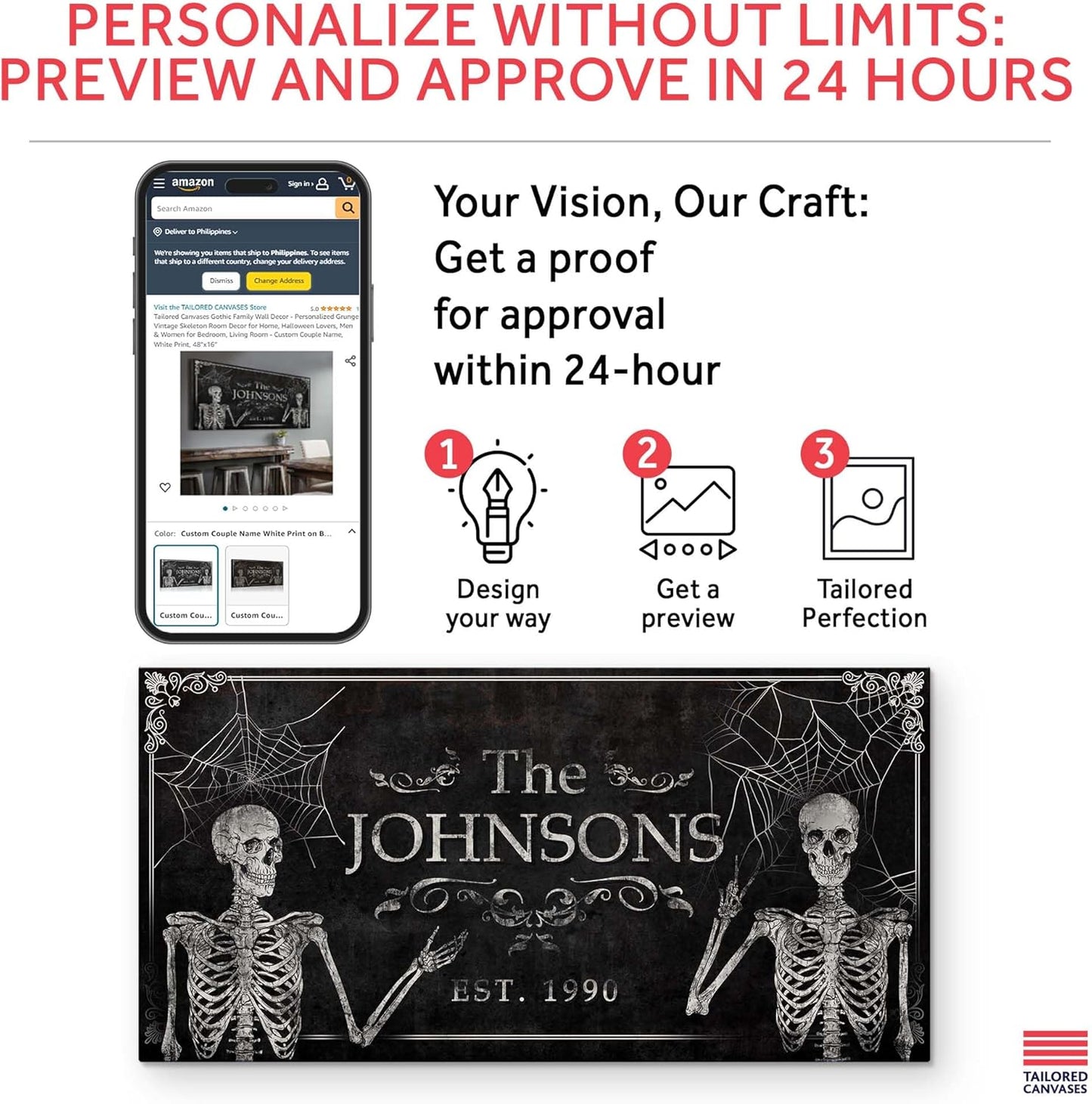 Tailored Canvases Gothic Family Wall Decor - Personalized Grunge Vintage Skeleton Room Decor for Home, Halloween Lovers, Men & Women for Bedroom, Living Room - Custom Couple Name, White Print, 60"x30"