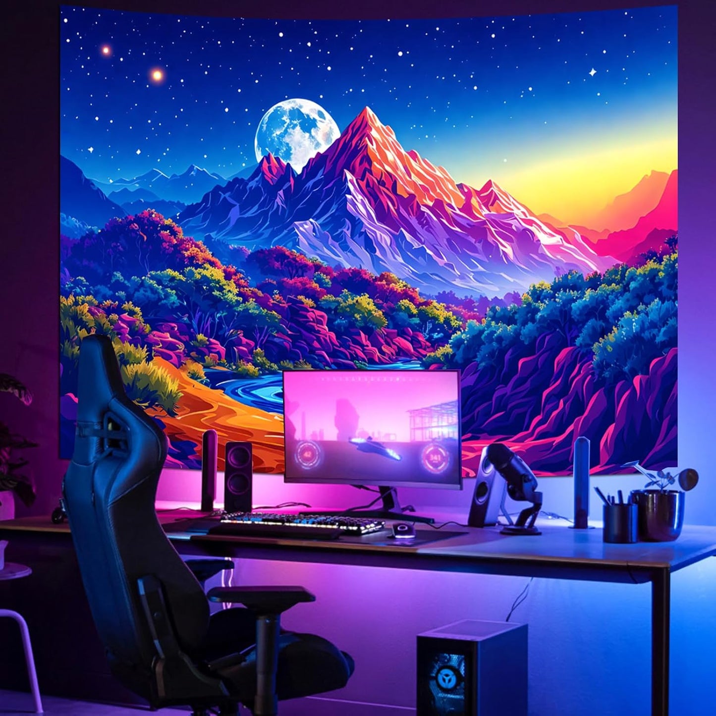 SparkLia Blacklight Sunset Mountain Tapestry – UV Reactive Forest Lake Wall Hanging, Neon Glow in the Dark Starry Sky Moon Nature Landscape for Bedroom, Living Room & Dorm Decor – 51.2" x 59.1"