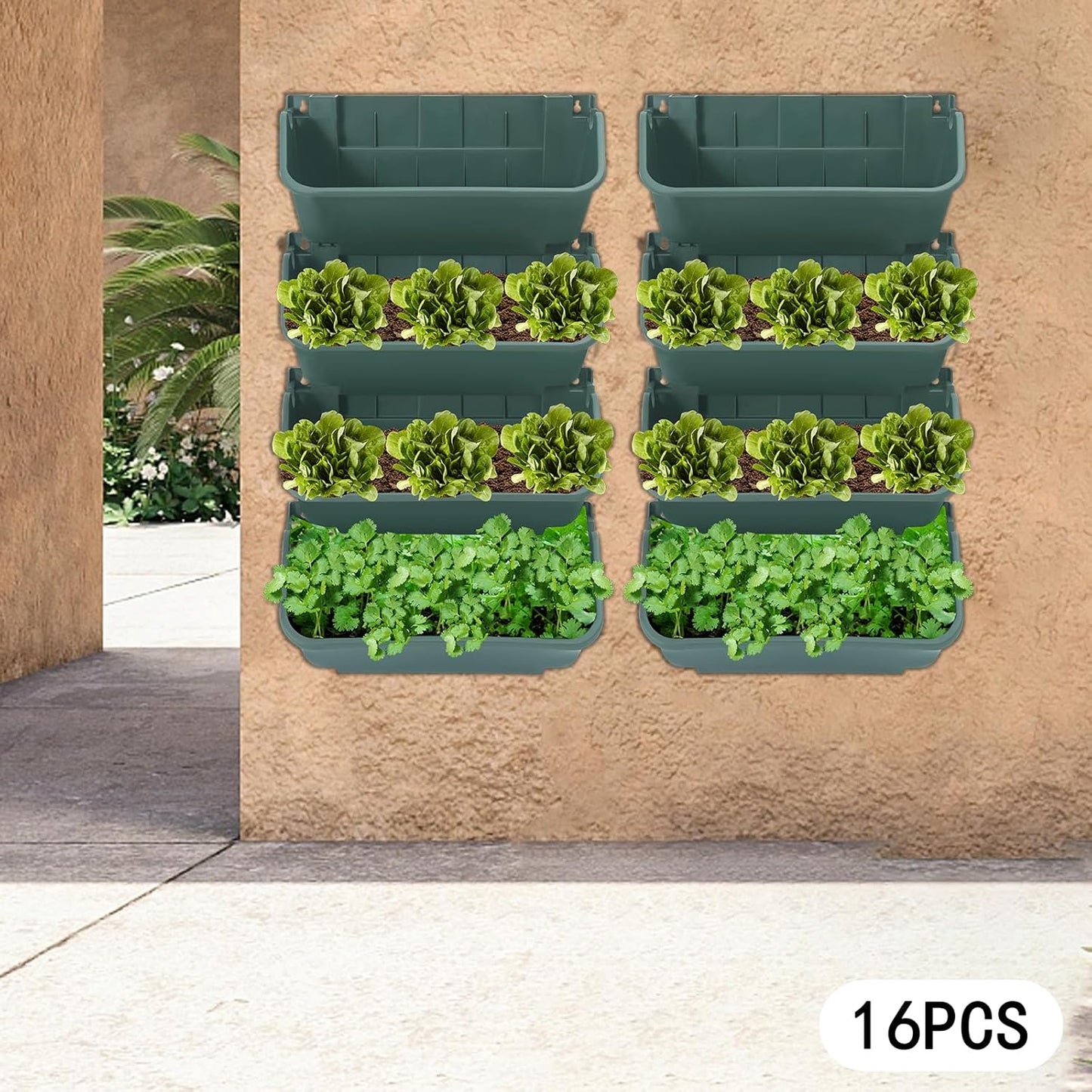 16Pcs Vertical Wall Planter, 13 inch Wall Mounted Garden Planters, Plastic Wall Hanging Planter with Drainage Holes, Wall Planters for Patio Outdoor Decor, Balcony Plant Hanging Flowerpot (Green)