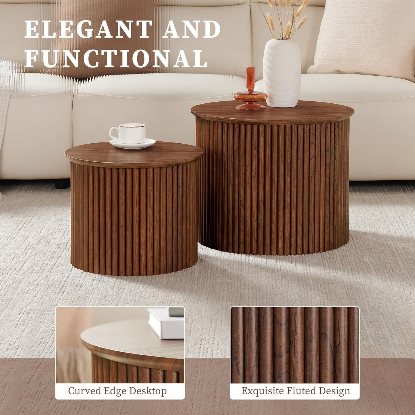 Small Fluted Round Nesting Coffee Table Set of 2, Mid Century Modern Coffee Table Circle Side Table, Wood Nesting Table Farmhouse End Tables Set for Living Room, Bedroom, Small Spaces(Walnut