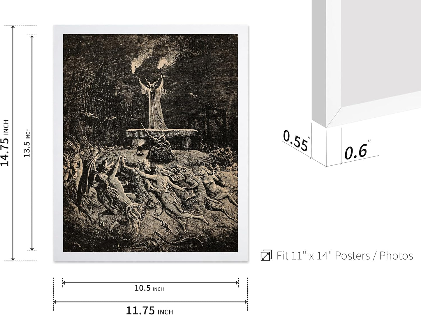 Poster Master Vintage Gustave Dore Poster - Retro Illustration Print - Gift for Gothic, Horror Fan - Dance of Sabbath, Witch, Magic, Spell - Wall Decor for Bedroom, Dorm, 11x14 White Framed