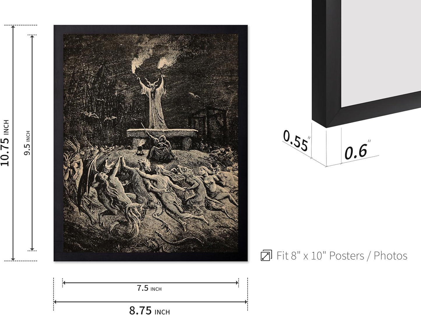 Poster Master Vintage Gustave Dore Poster - Retro Illustration Print - Gift for Gothic, Horror Fan - Dance of Sabbath, Witch, Magic, Spell - Wall Decor for Bedroom, Dorm, 8x10 Black Framed