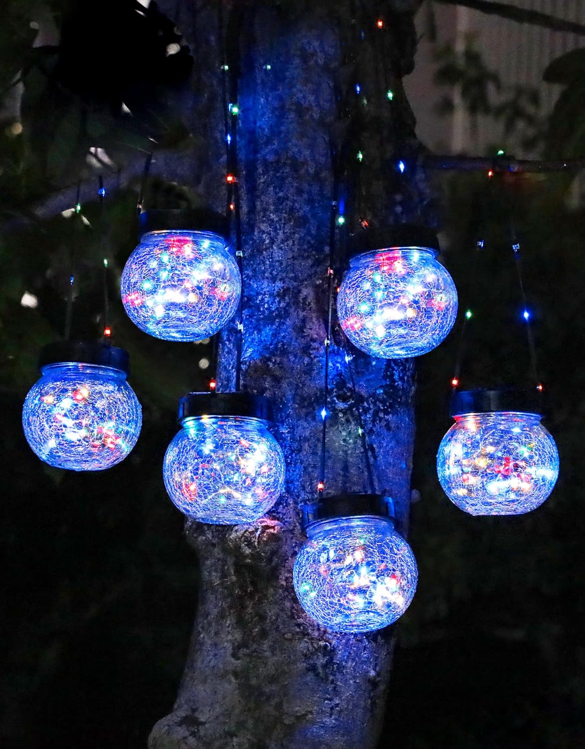 PARTPHONER Solar Lantern Solar Lights Outdoor Waterproof 6-Pack, Solar Powered Hanging Lights Cracked Glass Hanging Globes for Christmas Decoration, Shepherd Hook, Garden Tree Ornaments, Multi-Color