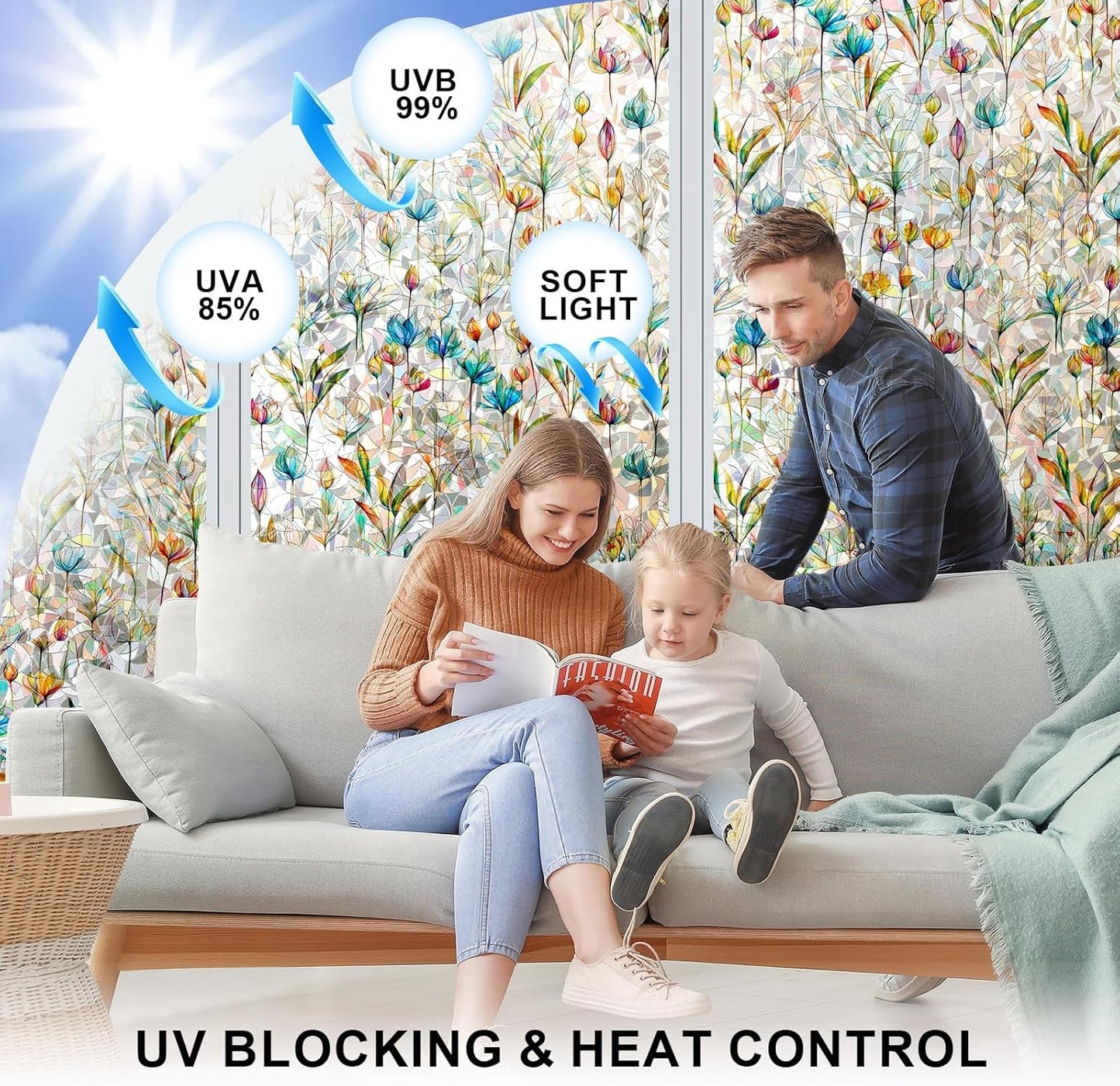 Rainbow Window Privacy Film 3D Floral Decorative Stained Glass Window Film Anti UV Non-Adhesive Reusable 23.6" x 78.7" for Home Room Car Glass Cling