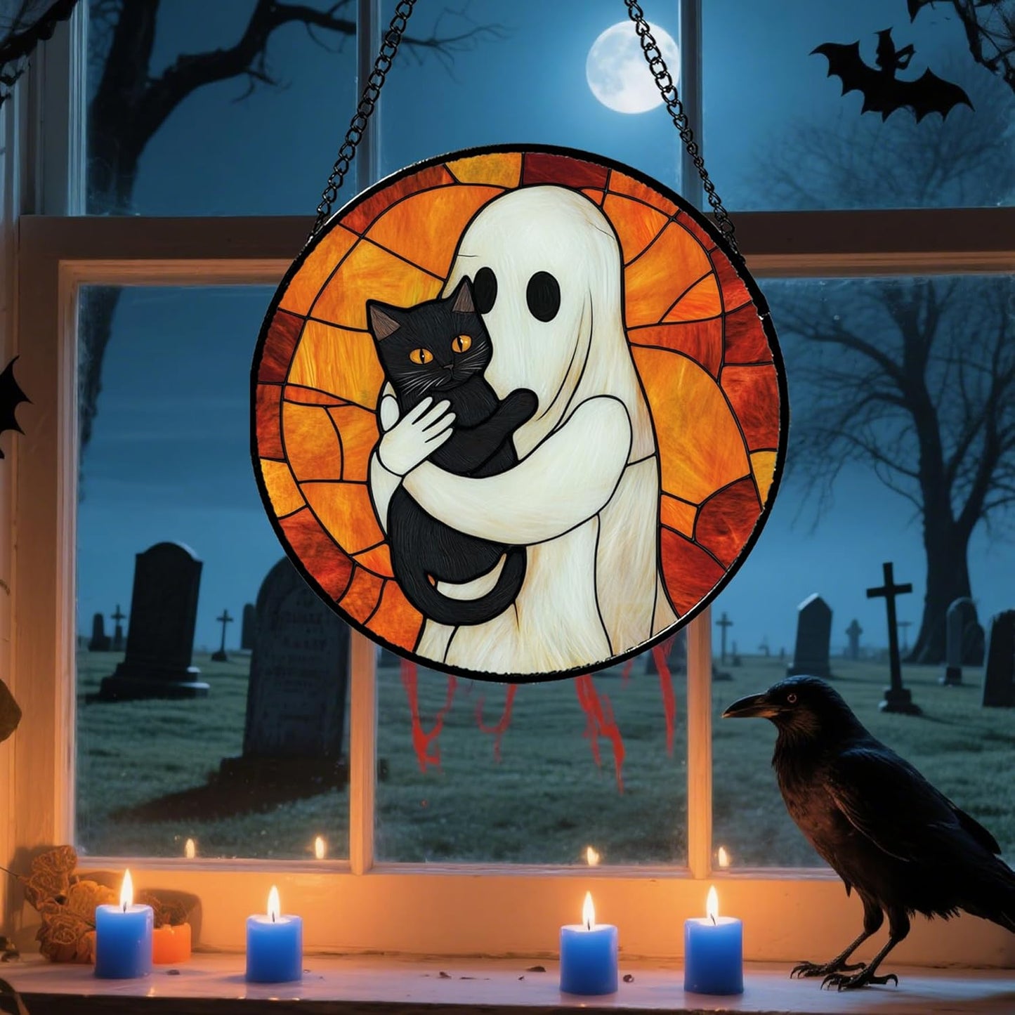 Stained Glass Window Hanging - Halloween Decorations White Ghost Black Cat Suncatcher for Doors Garden Spooky Funny Orange Sun Catchers Gothic Decor Horror Gifts for Women Men Friend 6.3 in