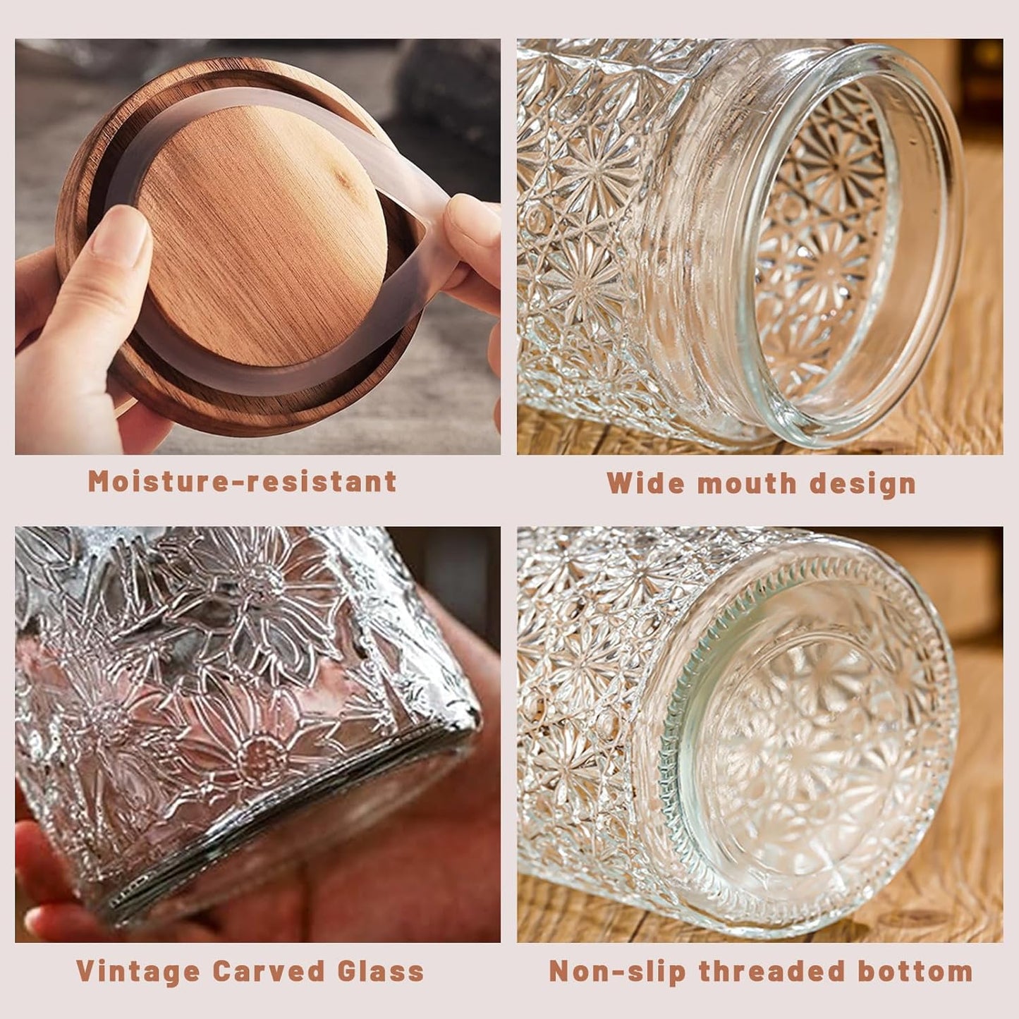 Vintage Glass Jars with Wooden Lids, 4 Pack 24 oz Airtight Glass Food Storage Containers Sets for the Kitchen, Sugar Coffee Candy Spice Cookie Tea Pasta