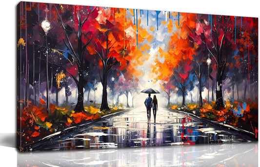 Large Canvas Wall Art for Living Room Bedroom Couple Walking in the Rain Picture Graffiti Red Tree Canvas Prints Framed Home Decor Size 30x60