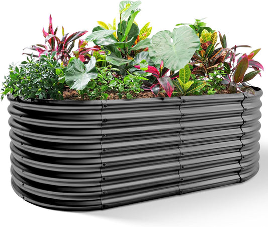 Land Guard Galvanized Raised Garden Bed, 8x4x2ft Planter Boxes Outdoor, Oval Larger Metal Planter Boxes for Vegetables, Fruits, Flowers (Grey)