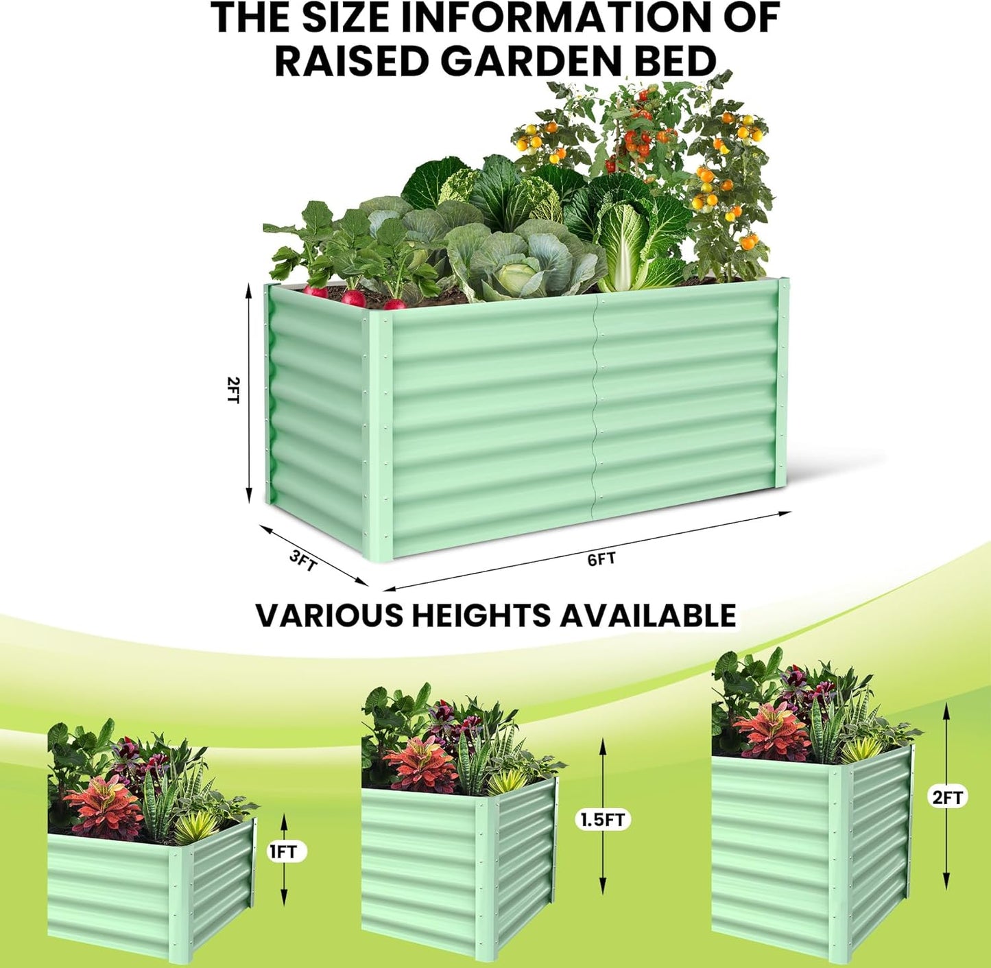 Galvanized Raised Garden Bed Outdoor, 2 Pcs 6x3x2FT Outdoor Large Planter Raised Beds Open Base with Safety Edge and Glove for Vegetables Flowers Ground Planter, Green