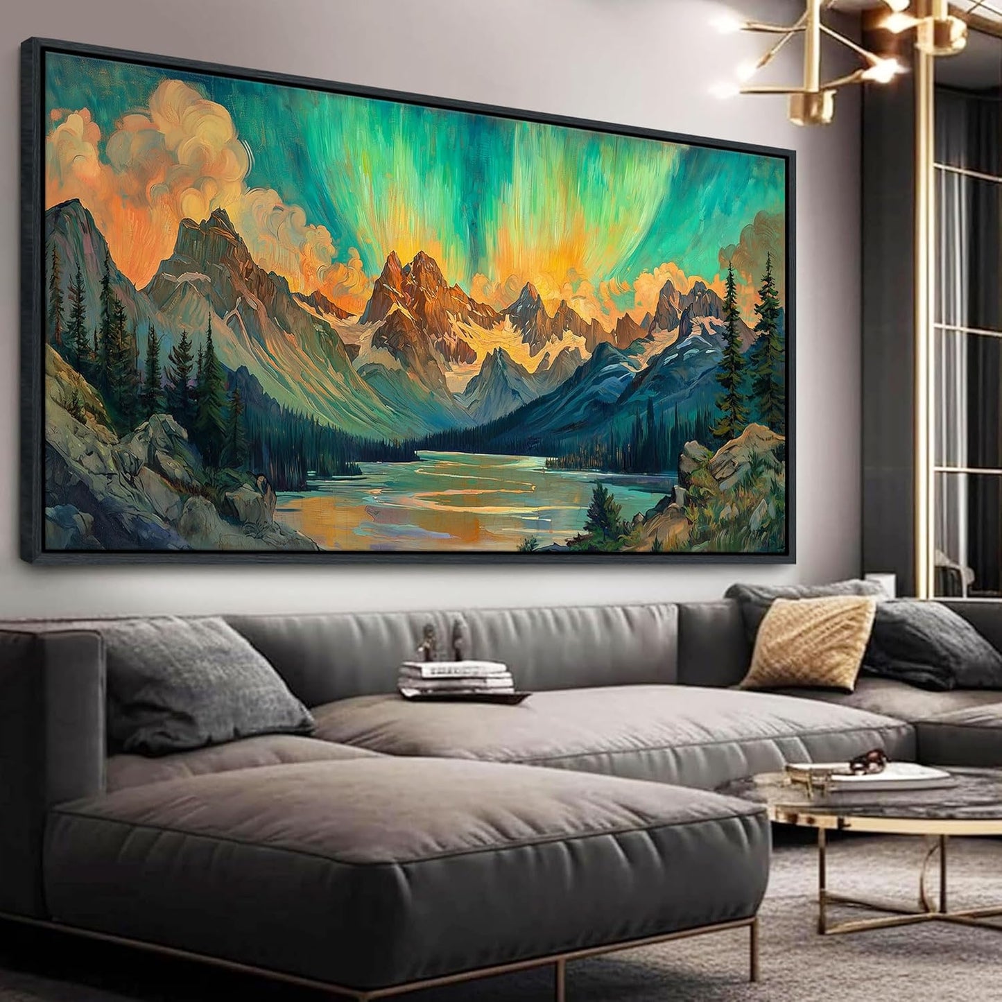 JEAWA Framed Canvas Wall Art - Large Abstract Painting Decor, Textured Mountain Lake Tree Polar Lights Pictures, Modern Art Prints for Bedroom Living Room Bathroom Home Decoration, 29x58 IN