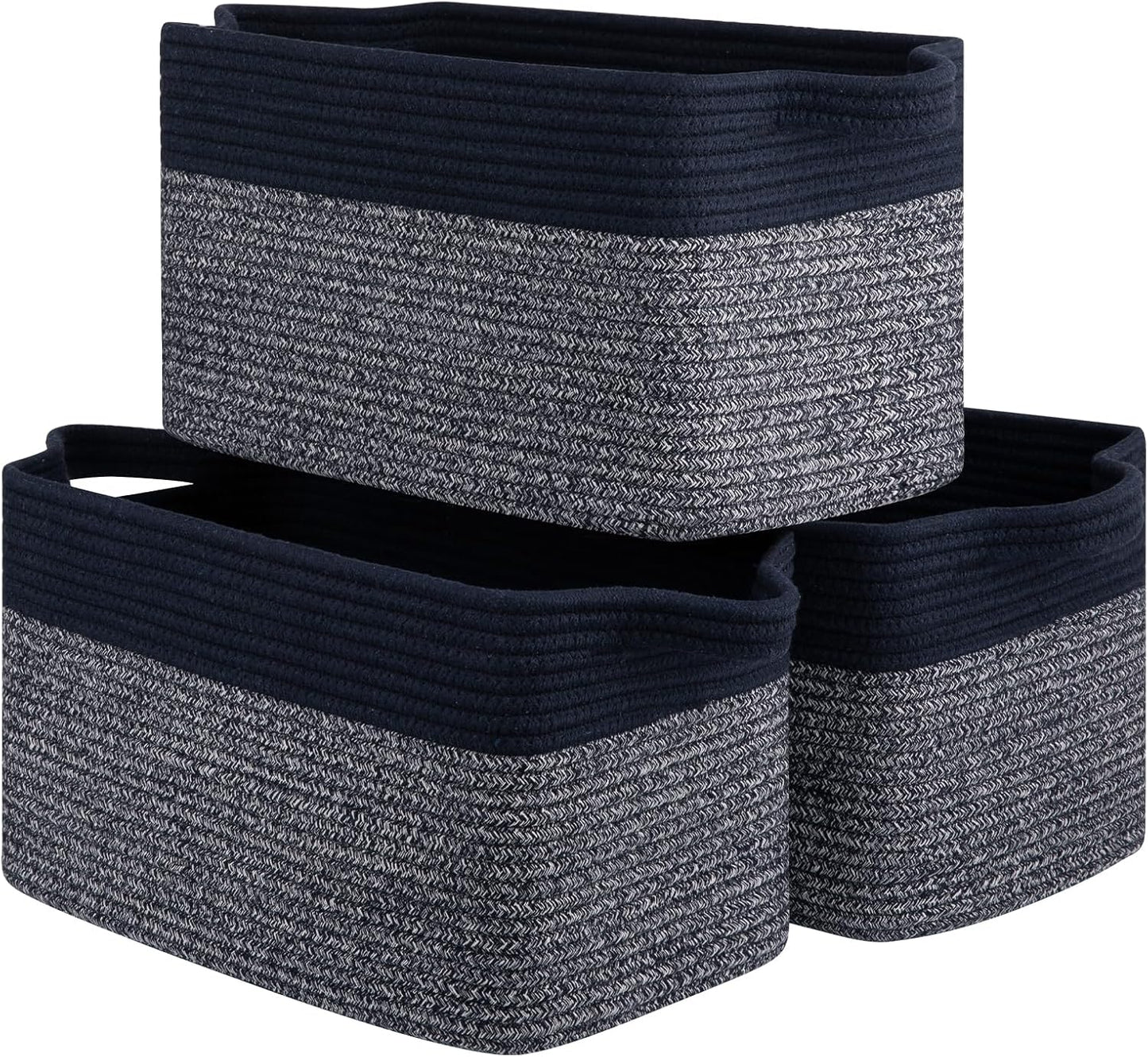 Storage Basket for Organizing, Woven Baskets for Storage, Rectangle Decorative Baskets for Shleves, Closet, Toys, Books, Nursery Organizer Bins - Pack of 3 (Blue & Black)