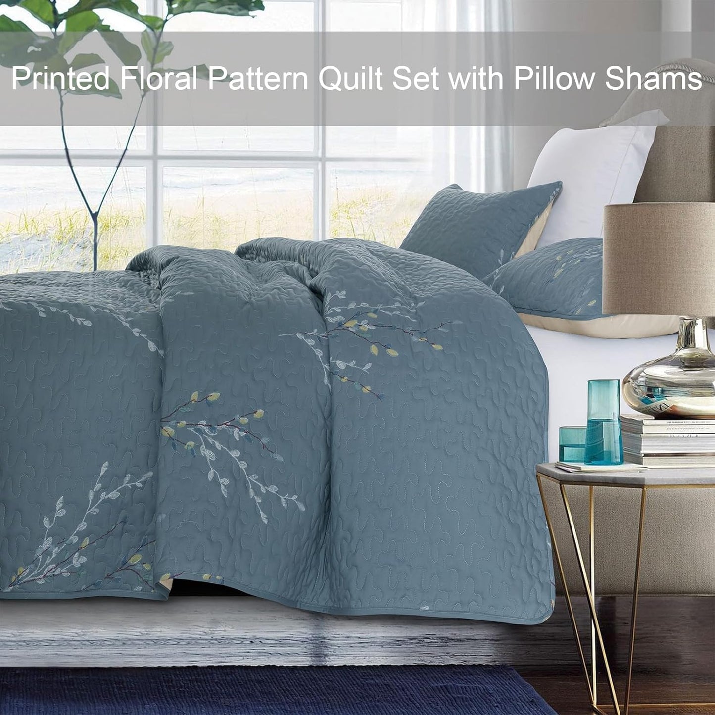 Exclusivo Mezcla Reversible Boho Quilt Set Queen Size, 3 Pieces Flowers Blue All Season Bedspreads, Ultra Soft Floral Coverlet Bedding Set with Printed Pattern (1 Quilt, 2 Pillow Shams)