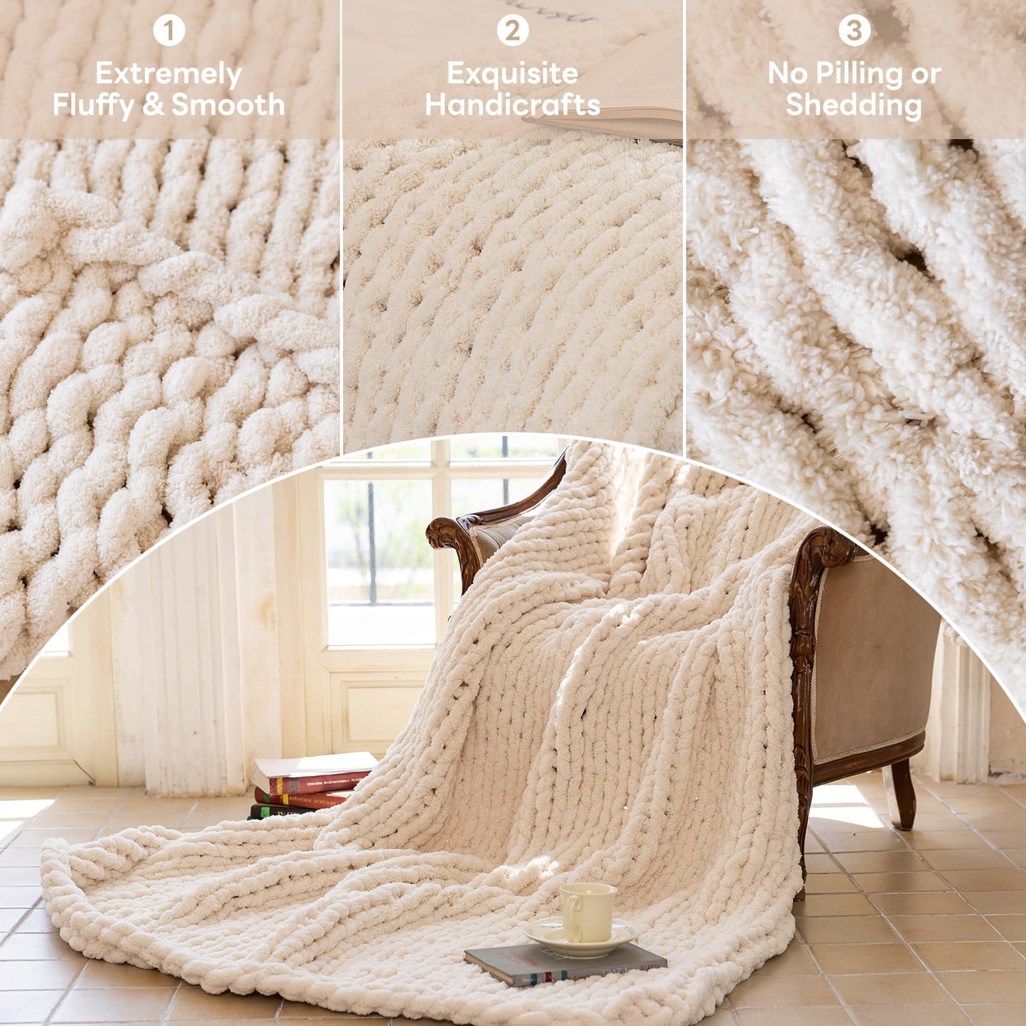 Premium Cream Chunky Knit Throw Blanket | 60"x80" Woven Rope Knot Design | Ultra Soft & Machine Washable