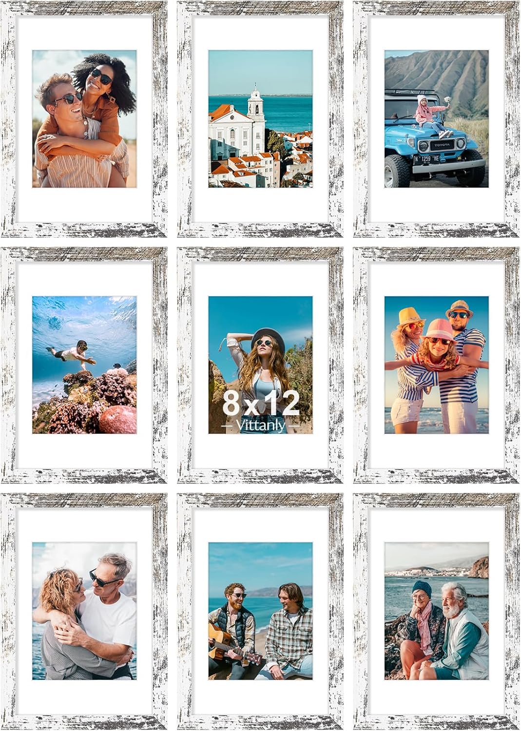 Vittanly 8x12 Picture Frames Set of 9, Shatter Resistant Plexiglass, Display 6x8 Pictures with Mat or 8x12 without Mat, Photo Frames for Wall or Tabletop, Engineered Wood, Distressed White
