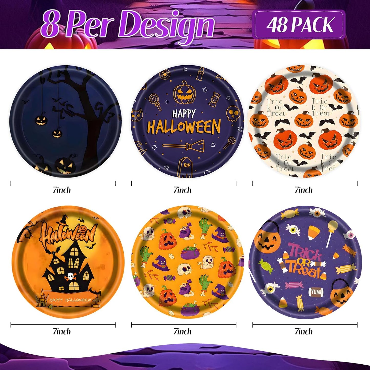 48 PCS Halloween Paper Plates 7 inch, Bat Castle Skull Pumpkin Party Plates Disposable Cake Dessert Plate for Halloween Party Decorations