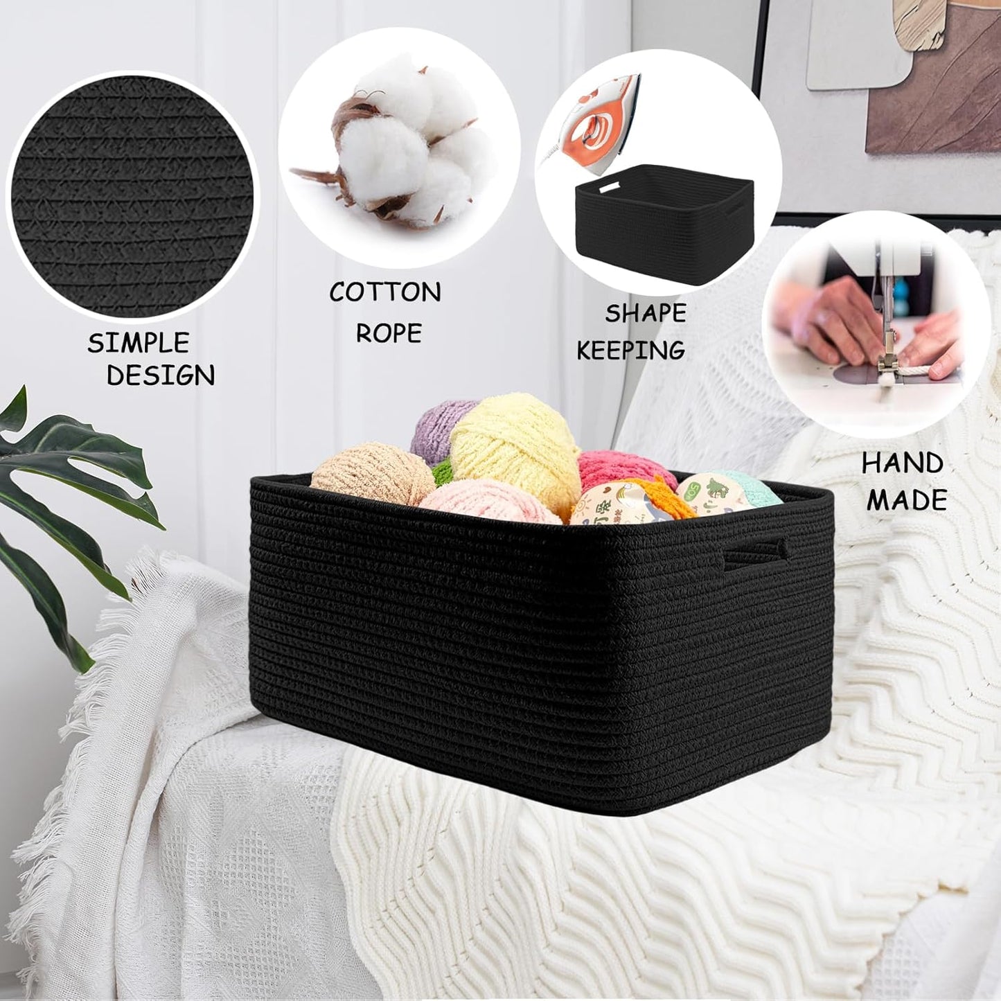 COMFY-HOMI Cotton Rope Woven Basket with Handles for Shelves,Toys,Book, Cloth Storage Baskets for Organizing-17" x 13" x 7.5" Toy Decorative Organizer for Living Room, Bathroom （all black）