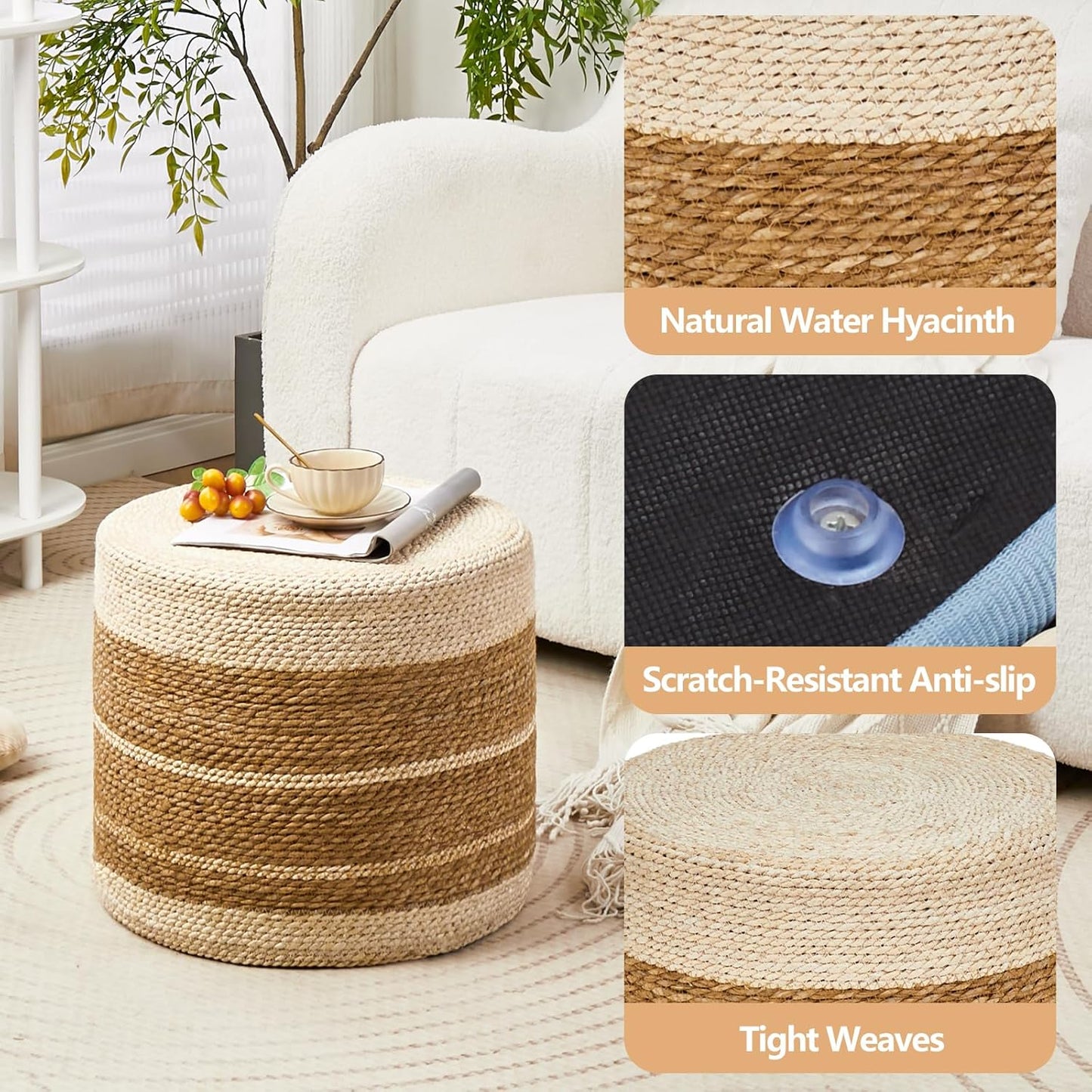 Cplxroc Ottoman Poof, Natural Seagrass Poufs, Hand Weave Round Footstool, Pouffe Accent Chair, Home Decorative Seat, Boho Deco Floor Chair for Living Room, Bedroom (18inch 68LG)