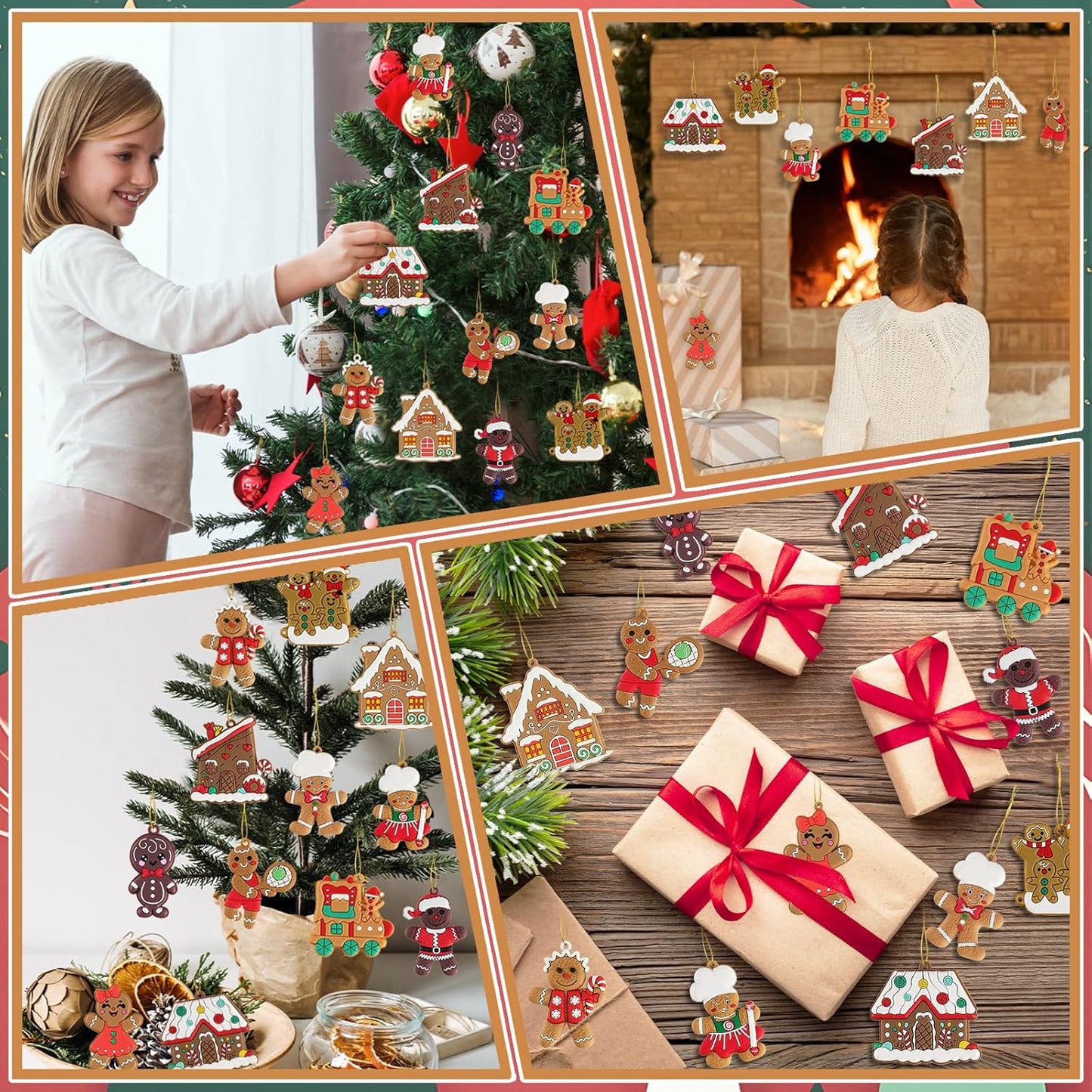 24pcs Gingerbread Man Ornaments for Christmas Tree, Assorted Gingerbread Figurines Decorations with Gingerbreads House Ornaments for Holiday Christmas Tree Home Decor