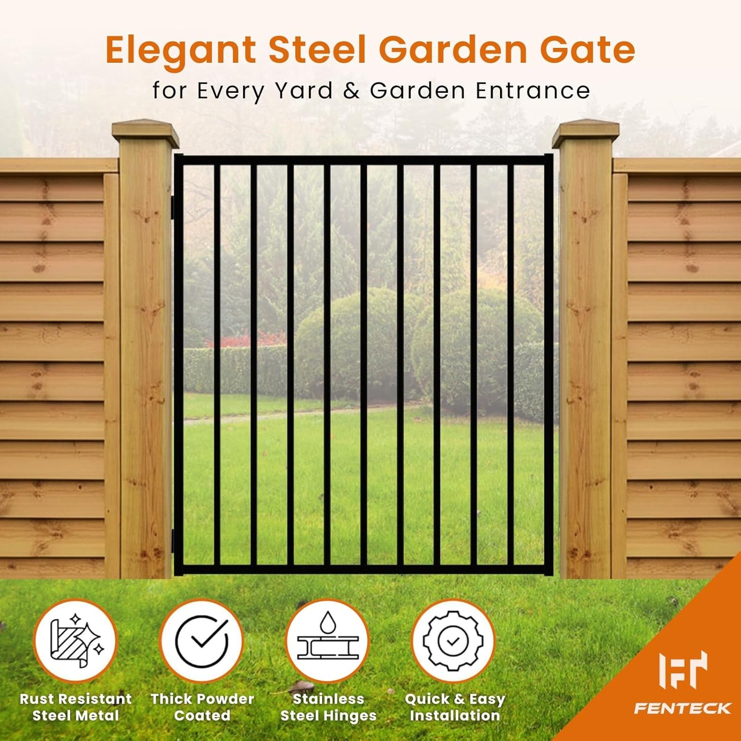 Black Metal Gate, 3.5' W x 4' H, Rustproof Outdoor & Pool Gate, Easy DIY Installation to Iron Fencing, Wood or Brick Walls, Stainless Steel Hinges & Self-Locking Latch