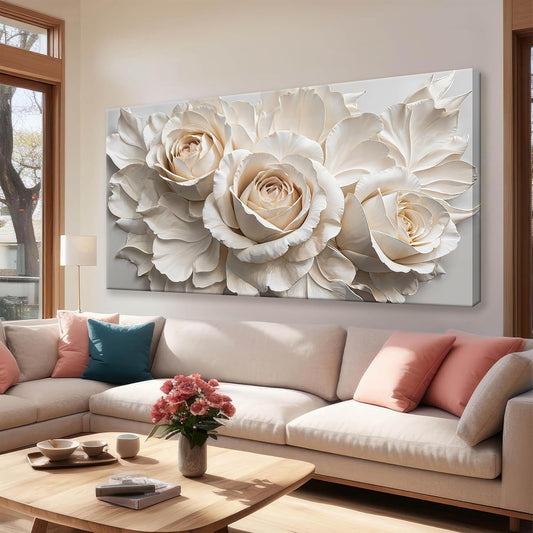 QSQ Wall Art For Living Room White Flower Wall Art Modern Canvas Art Wall Decor Home Wall Decor Suitable Flower Pictures For Bedroom Apartment Office Decoration Can Be Hung 24" X 48"