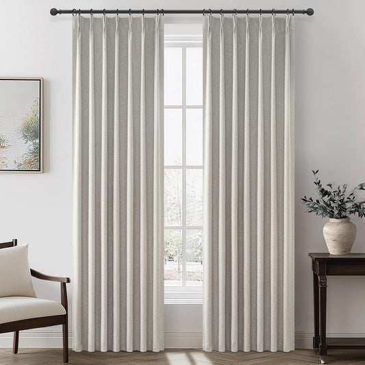 Grey Beige Viral Thick Linen Blackout Curtains 90 Inches Long for Bedroom/Dining Room 2 Panels Set, Neutral Pinch Pleated Melange Energy Efficient Sunblock Drapes with White Backing (40"Wx90"L)