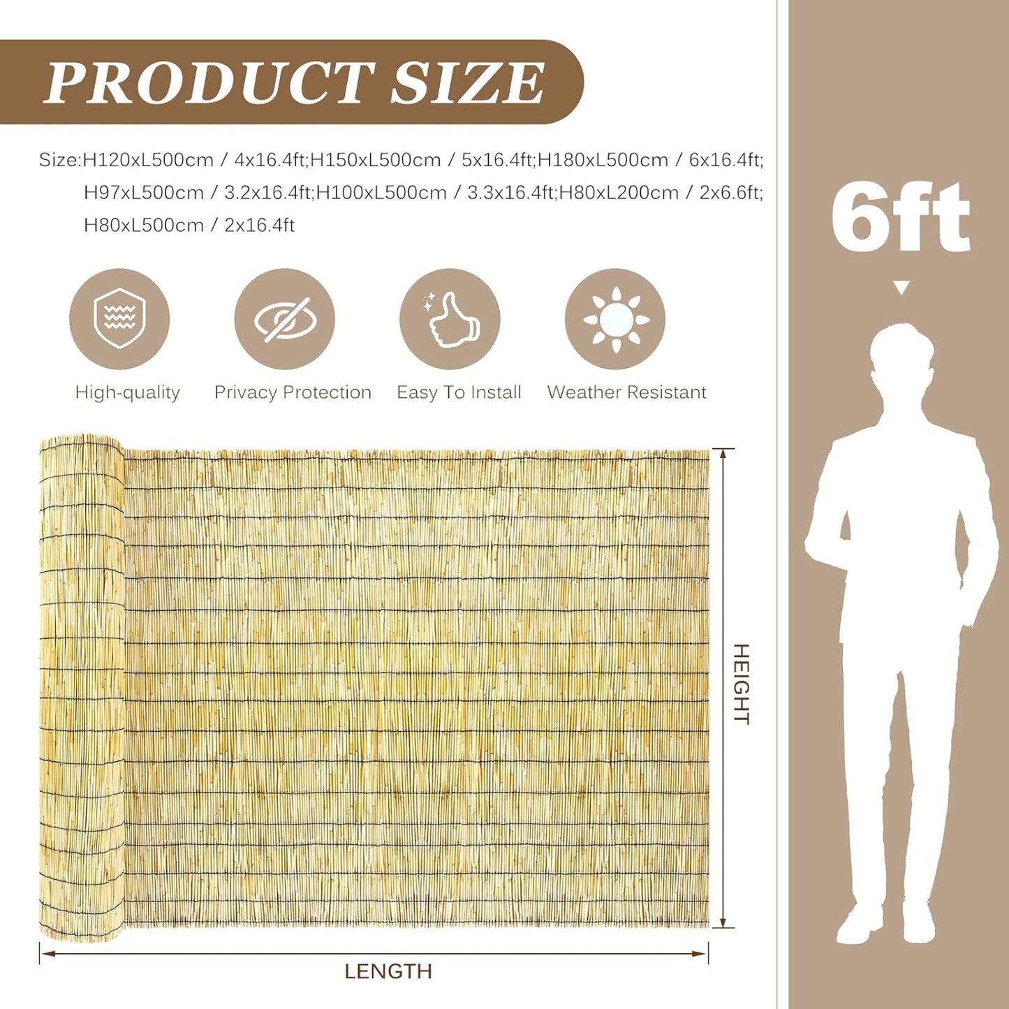 Natural Reed Fencing Rolls: Privacy Bamboo Fence 3/4/5/6ft High Roll Reed Screen, Decorative Bamboo Fencing for Outdoor Balcony Patio Garden Backyard,with Cable Zip Ties(Nature, 2x6.6ft)