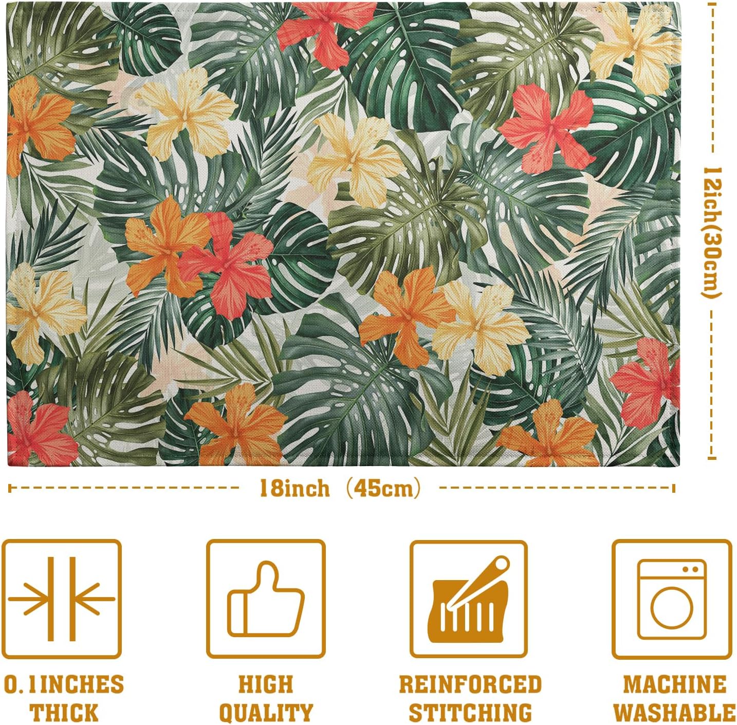 Tropical Palm Leaves Table Mats Set of 4 Summer Watercolor Hibiscus Flower Leaf Placement Mats for Dining Table Washable Non-Slip Heat Resistant Linen Place Mat 12×18 Inch