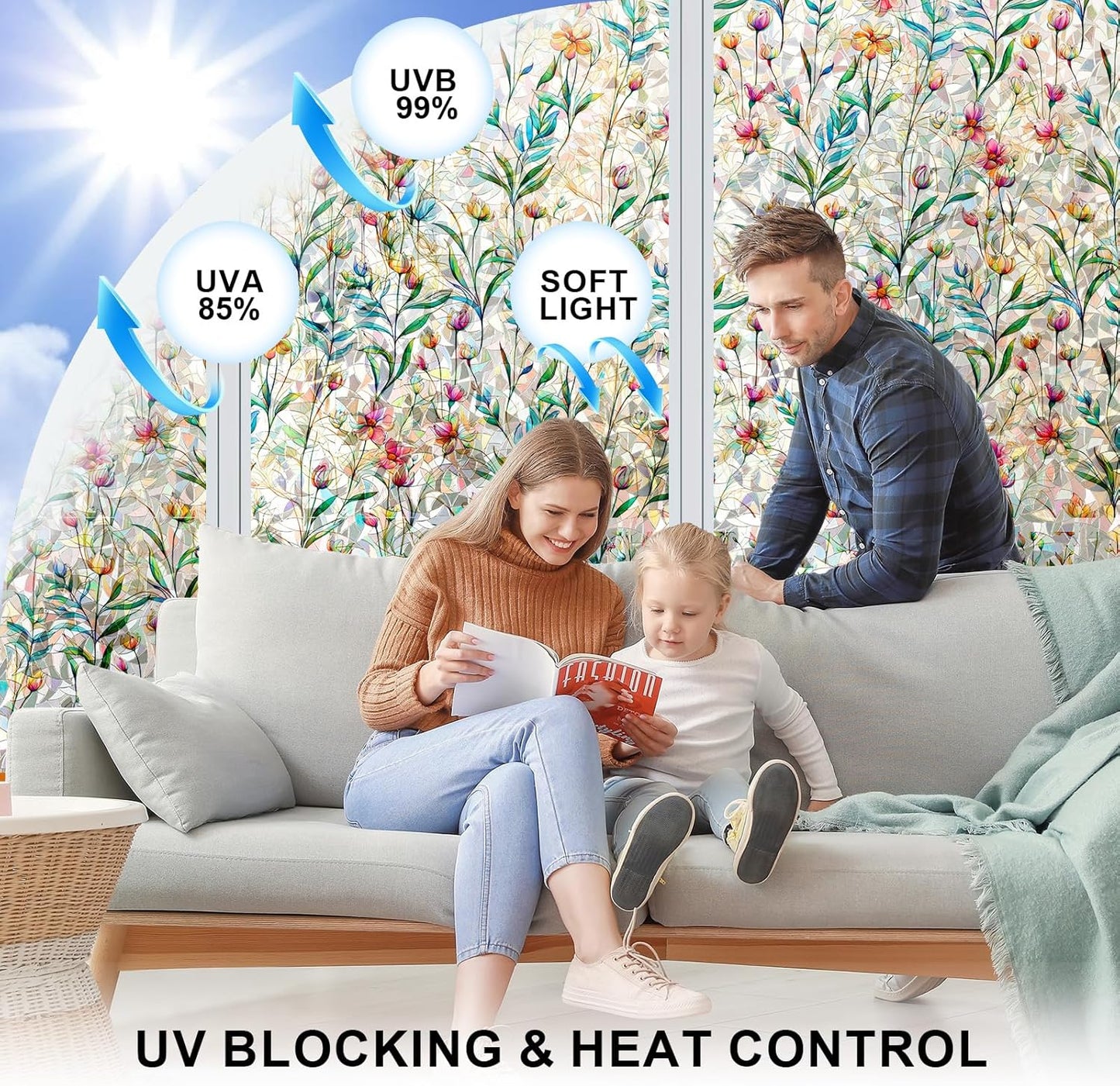 Rainbow Window Privacy Film 3D Floral Decorative Stained Glass Window Film Anti UV Non-Adhesive Reusable 17.5" x 157.4" for Home Room Car Glass Cling