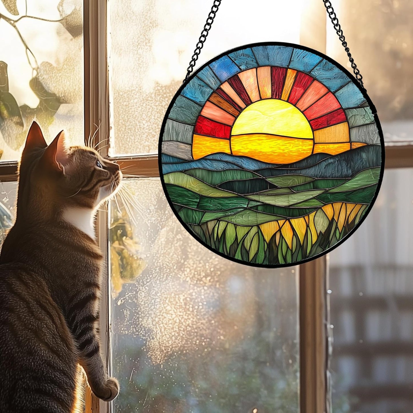 Stained Glass Window Hanging, Golden Red Sun Green Mountain Suncatcher for Window Home Decor Nature Landscape Sun Catcher Mother's Day Birthday Gifts for Women Men Mom Nana 11.8 in