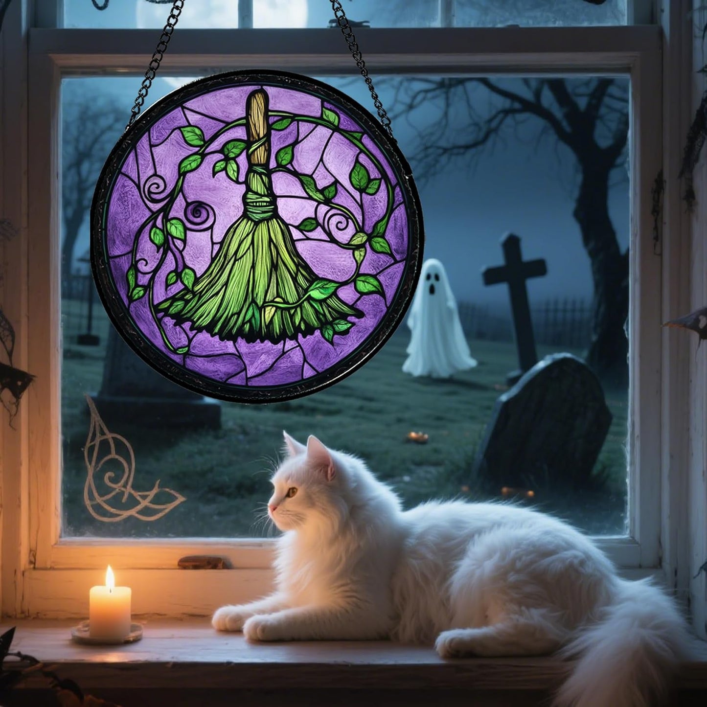 Stained Glass Window Hanging - Halloween Decorations Witch Magic Broom Suncatcher for Doors Garden Indoor Funny Spooky Sun Catchers Gothic Decor Horror Gifts for Women Men Friend 6.3 in