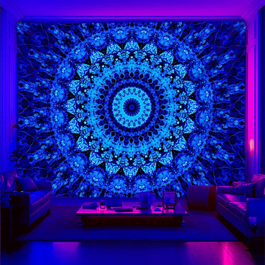 PSYHILAR Blacklight Mandala Tapestry for Bedroom, Black Light Posters for Adults and Teens, Neon UV Reactive Aesthetic Bohemian Wall Art Décor (90 x 70 Inches)
