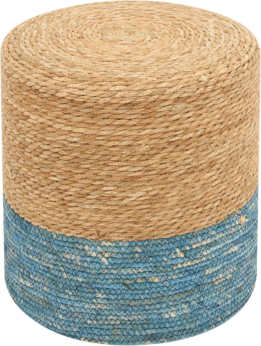 Pouf Ottomans, Handwoven Natural Straw Footstool, Round Braided Outdoor Patio Stool with Wood Frame, Boho Decor Accent Seat Balcony, or Garden (Blue)