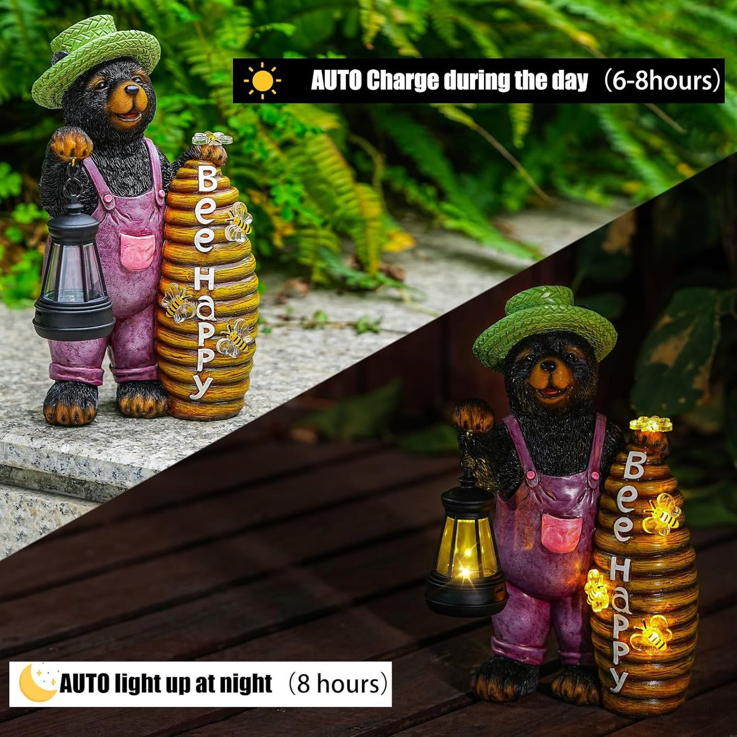 Solar Adorable Bear Garden Statue with Beehive and Lantern - “Bee Happy” Resin Outdoor Decoration for Yard, Patio, or Home Decor