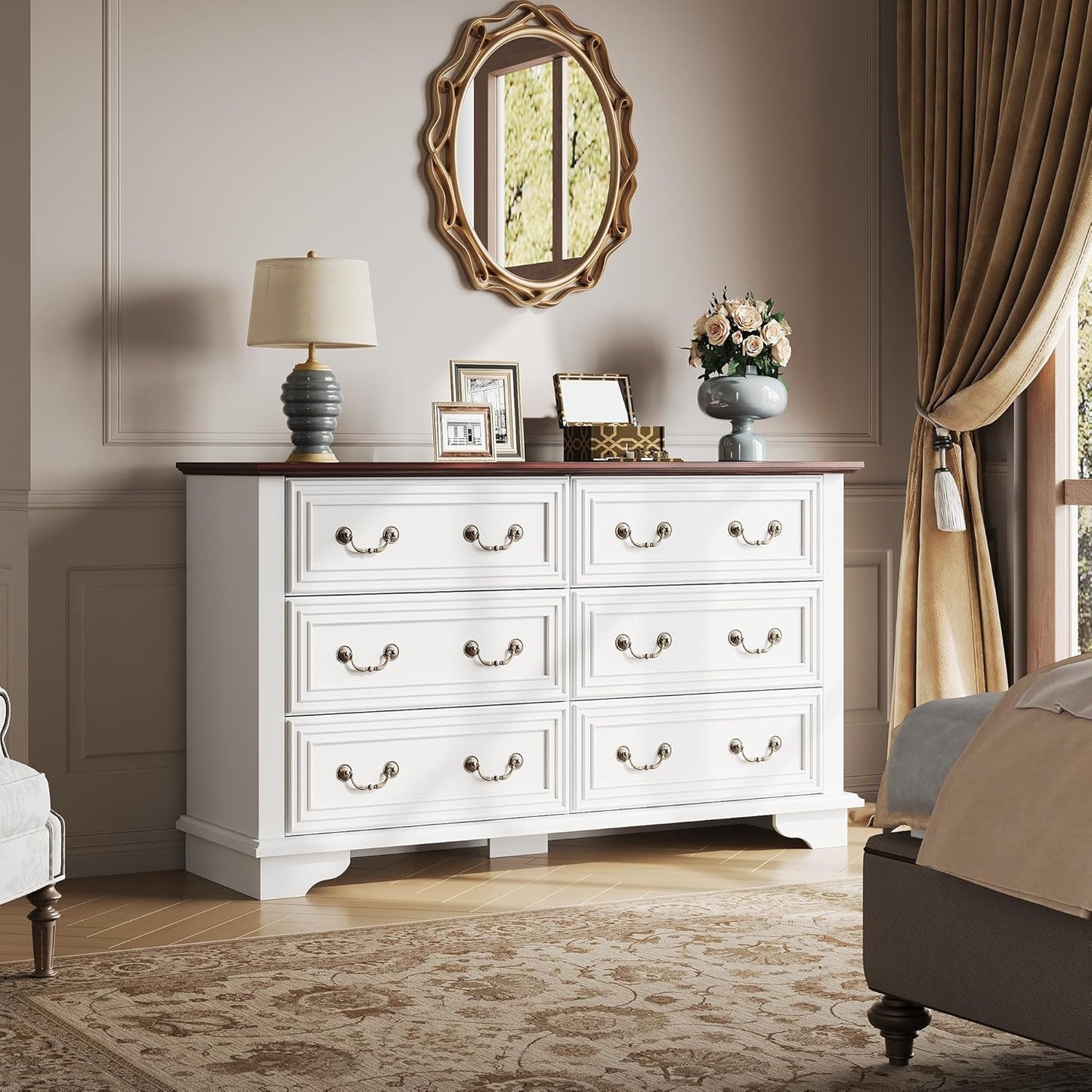 WLIVE Farmhouse Dresser for Bedroom, 51.97'' Wide Wood White Dresser with 6 Drawer, Chest of Drawers with Roman Metal Handle, TV Stand for 60 inch TV, for Living Room, Hallway