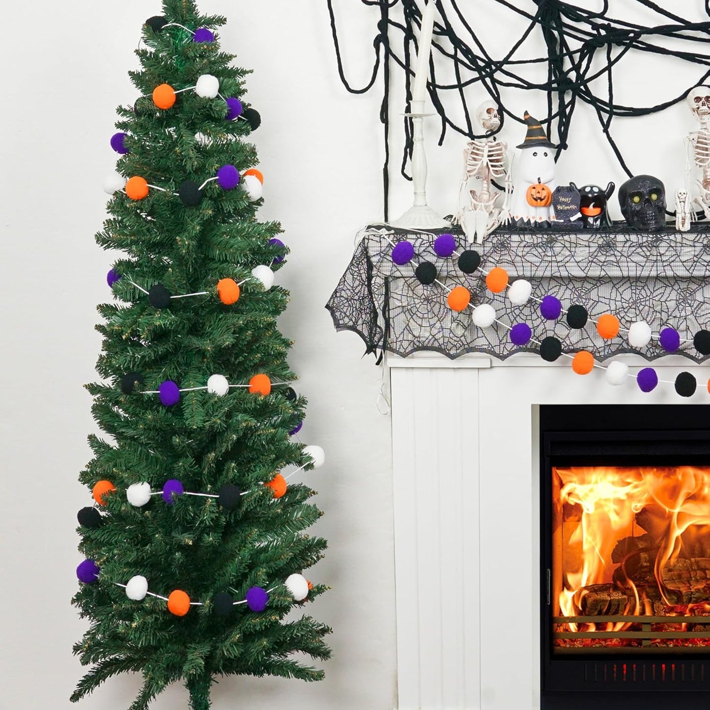 XmasExp Pom Pom Garland Decorations - Large Spring Felt Ball Garland for Mantle, Indoor Home Decor, Easter Tree Ornaments, Kids Room and Party Hanging Decor,13 Ft. (Halloween, 1.57")