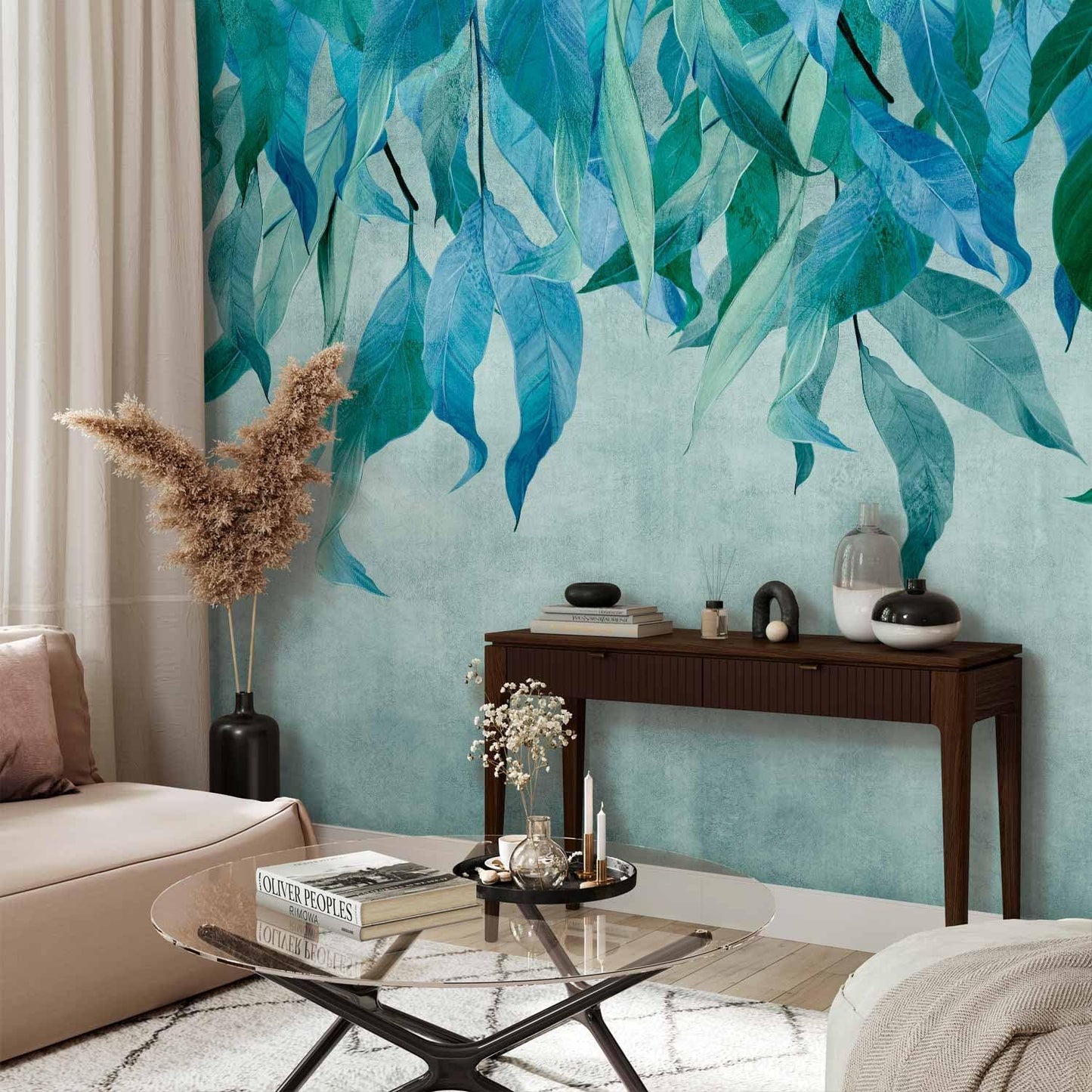 artgeist Wall Mural Hanging Leaves 154x110 in - Peel and Stick Self-Adhesive Wallpaper Removable Large Sticker Foil Wall Decor Print Picture Image Design Nature Botanical Concrete Green b-C-10146-a-b