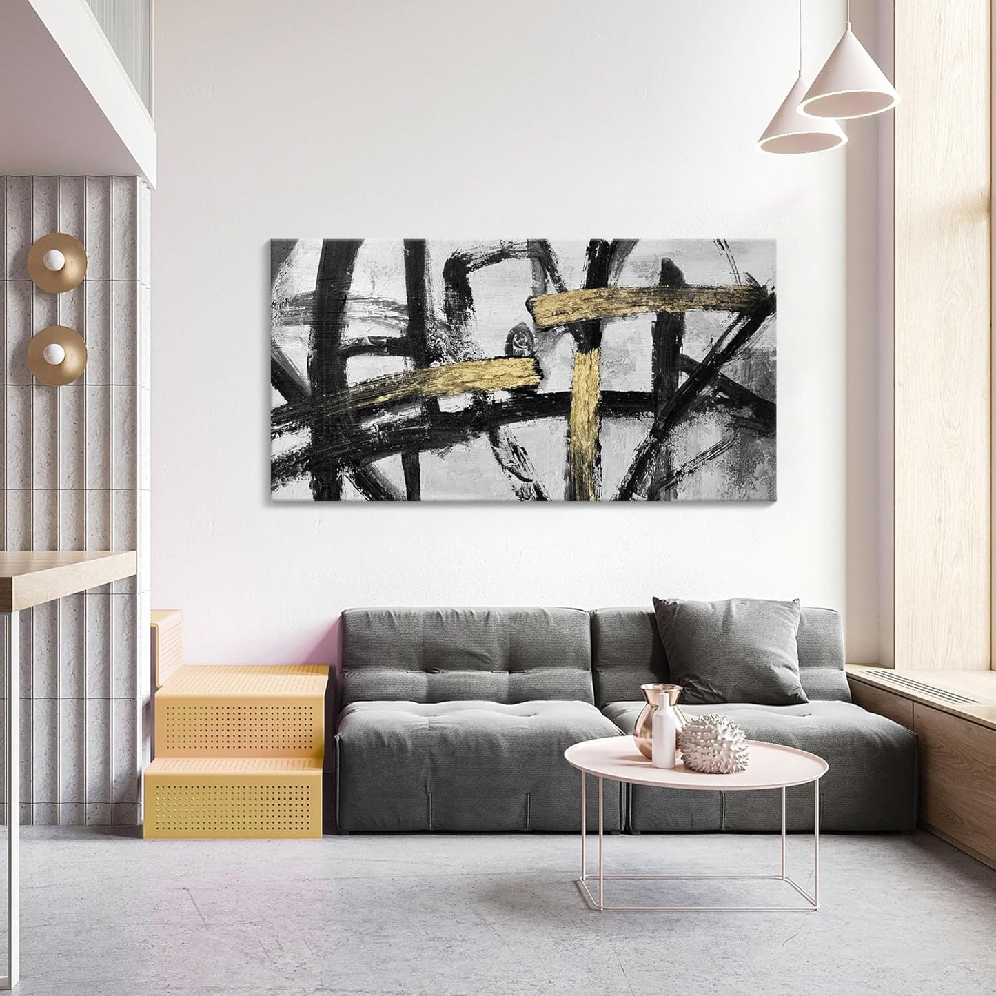 Black White and Gold Wall Art, Modern Paintings Abstract Graffiti Canvas Prints Artwork Black Grey Wall Pictures for Living Room Bedroom Bathroom Home Office Decor 20x40 In