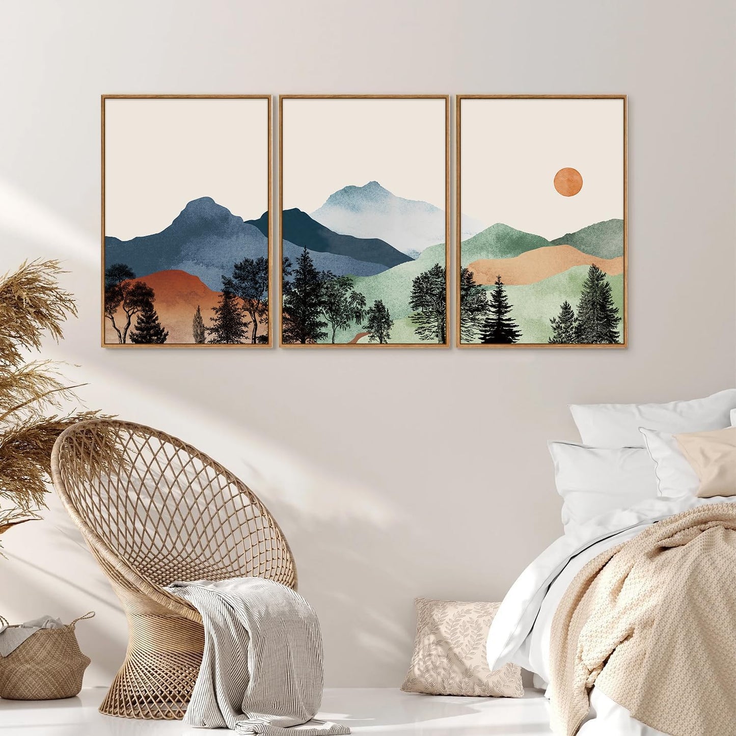 SIGNINART Boho Mountain Framed Canvas Wall Art Set of 3, Watercolor Nature Landscape Set Art Prints, Modern Sunrise Art Paintings, Green Forest Wall Decor for Living Room, Bedroom, Office 16"x24"x3