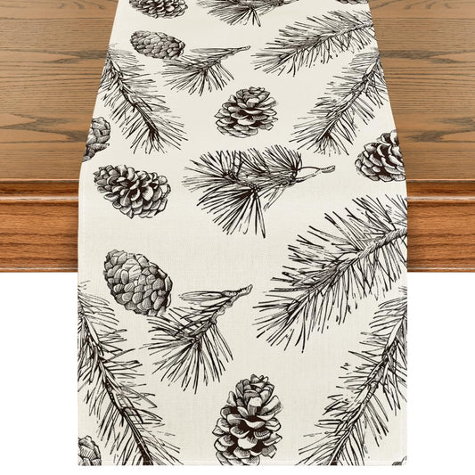 Seasonal Fir and Pine Cone Christmas Table Runner - Winter Leaves Holiday Dining Decor (Available in 4 Sizes)