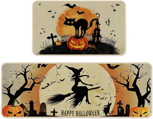 Halloween Kitchen Mat Set of 2, Spooky Witch Pumpkin Cat Halloween Kitchen Decor, Halloween Rug for Floor, Indoor Spooky Home Decor with Non-Slip Backing,17 x 29 Inch & 17 x 47 Inch