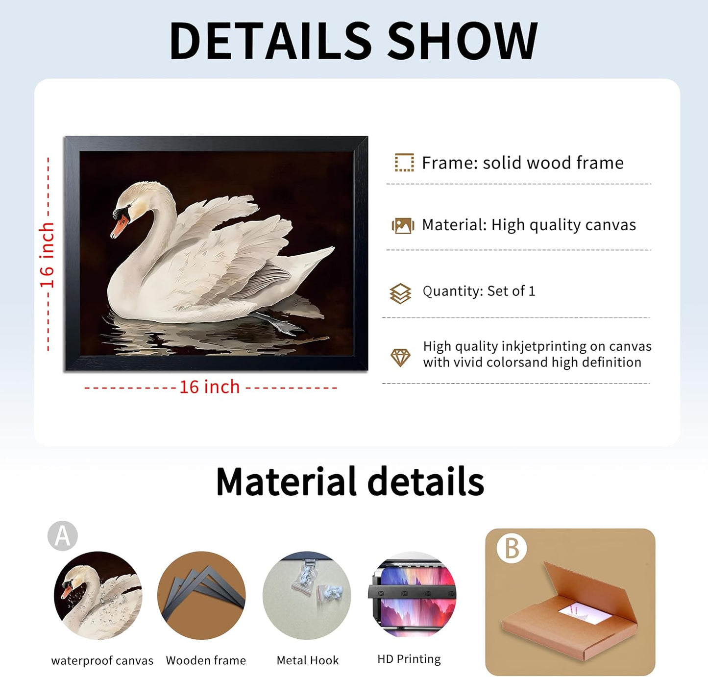 Black Wood Framed Wall Art Canvas Print Home Decor, Vintage Swan Aesthetic Wall Decor Photo, Classical Grace Swan Bathroom Prints Painting for Living Room Bedroom Office Decor 12x16 Inch